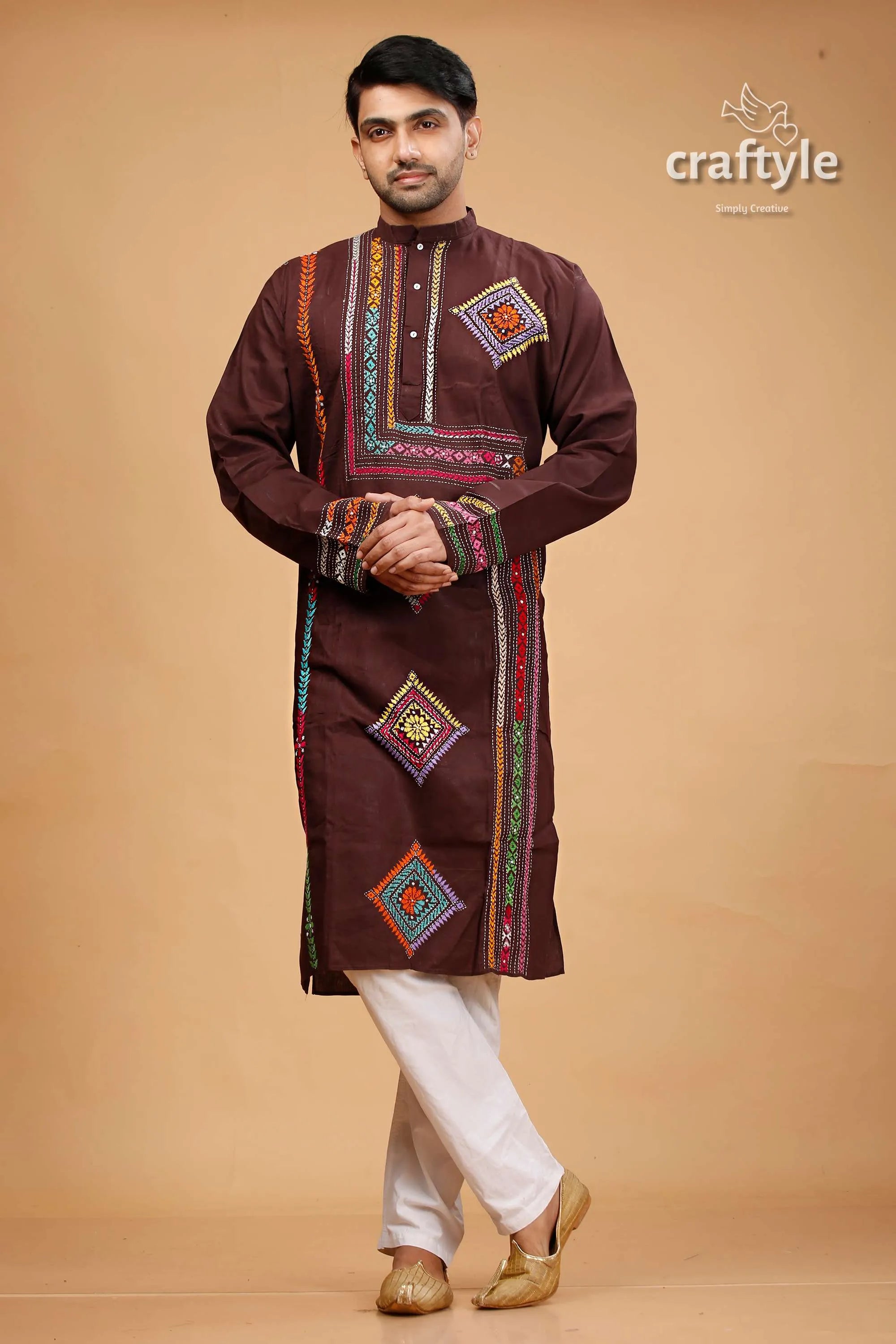 Woody brown multithread kantha embroidered mens cotton kurta white pants 1