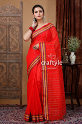 Woven border handloom cotton saree in tractor red red saree embroidered border 2