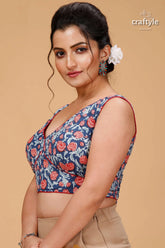 Yale blue designer pure cotton ajrakh blouse woman dark hair blue red 3