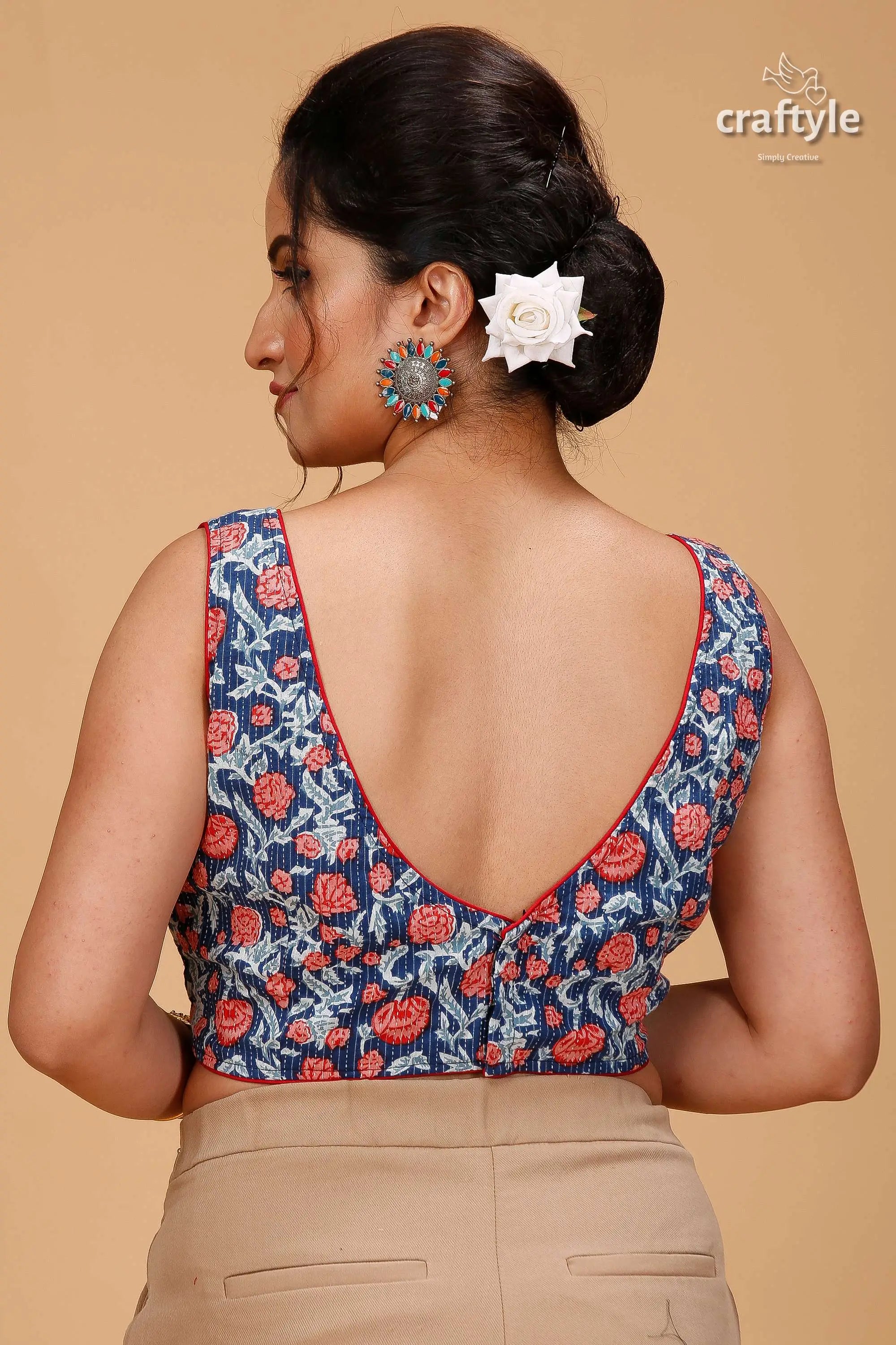 Yale blue designer pure cotton ajrakh blouse woman navy blue floral print 2