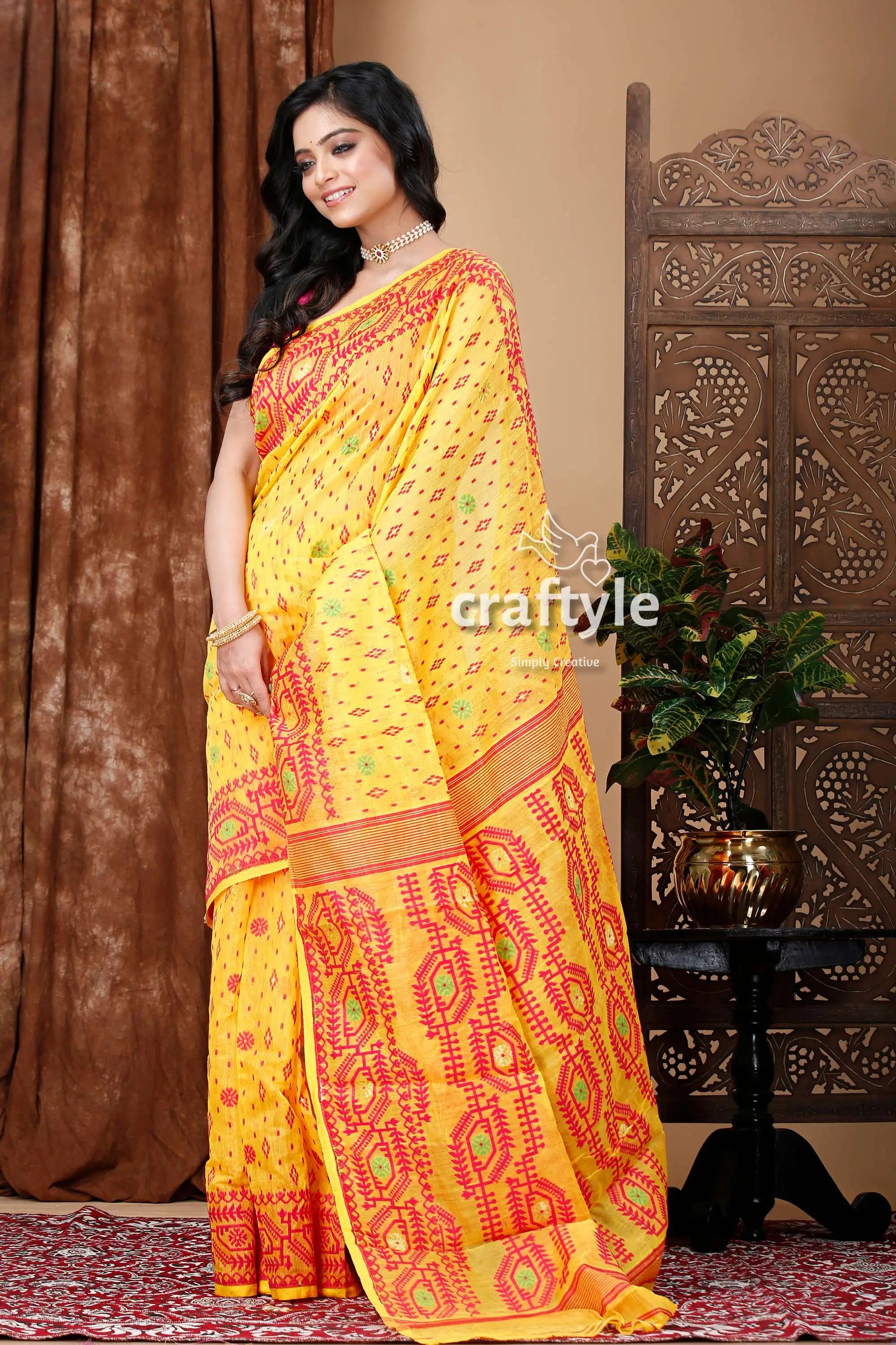 Yellow and rose red traditional dhakai jamdani saree yellow patterned saree 6