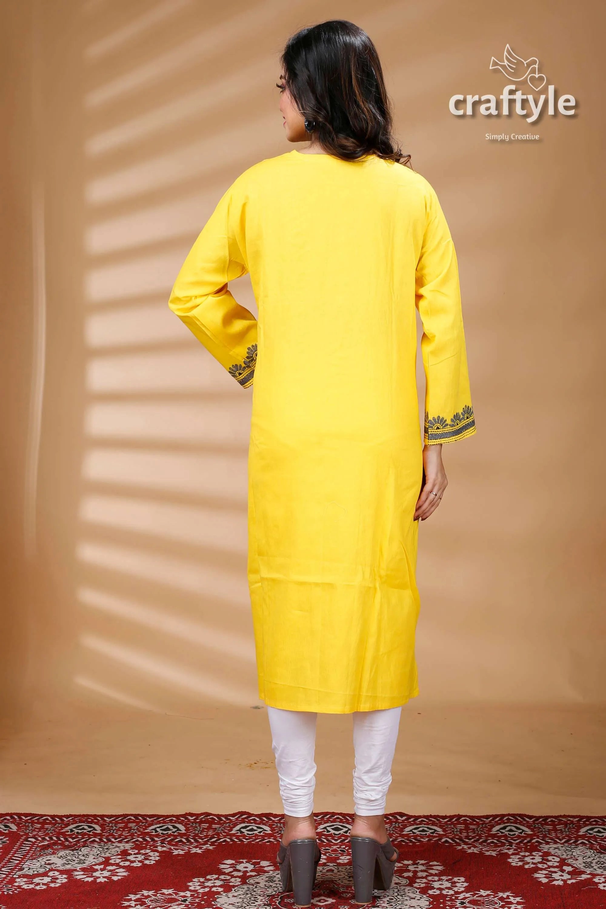 Yellow and slate grey all over work kantha cotton kurti embroidered tunic 5