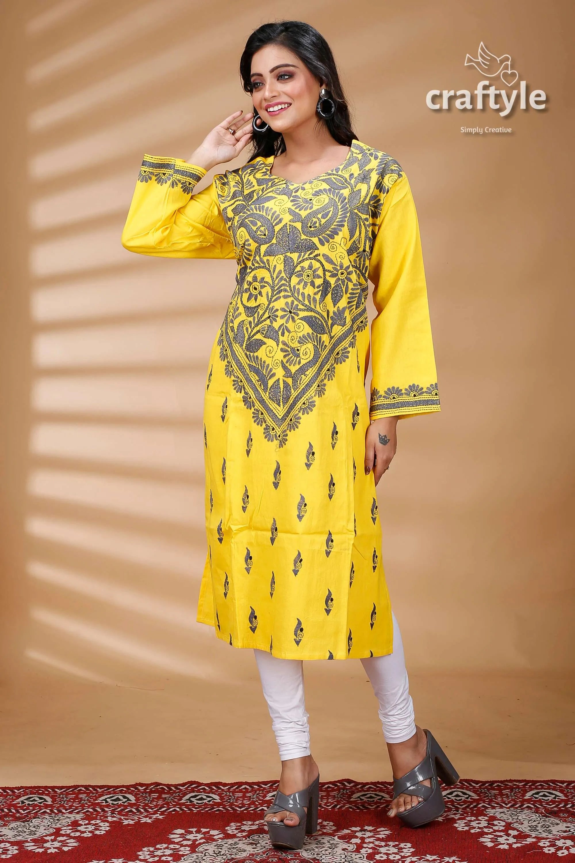Yellow and slate grey all over work kantha cotton kurti kurta gray embroidery 3