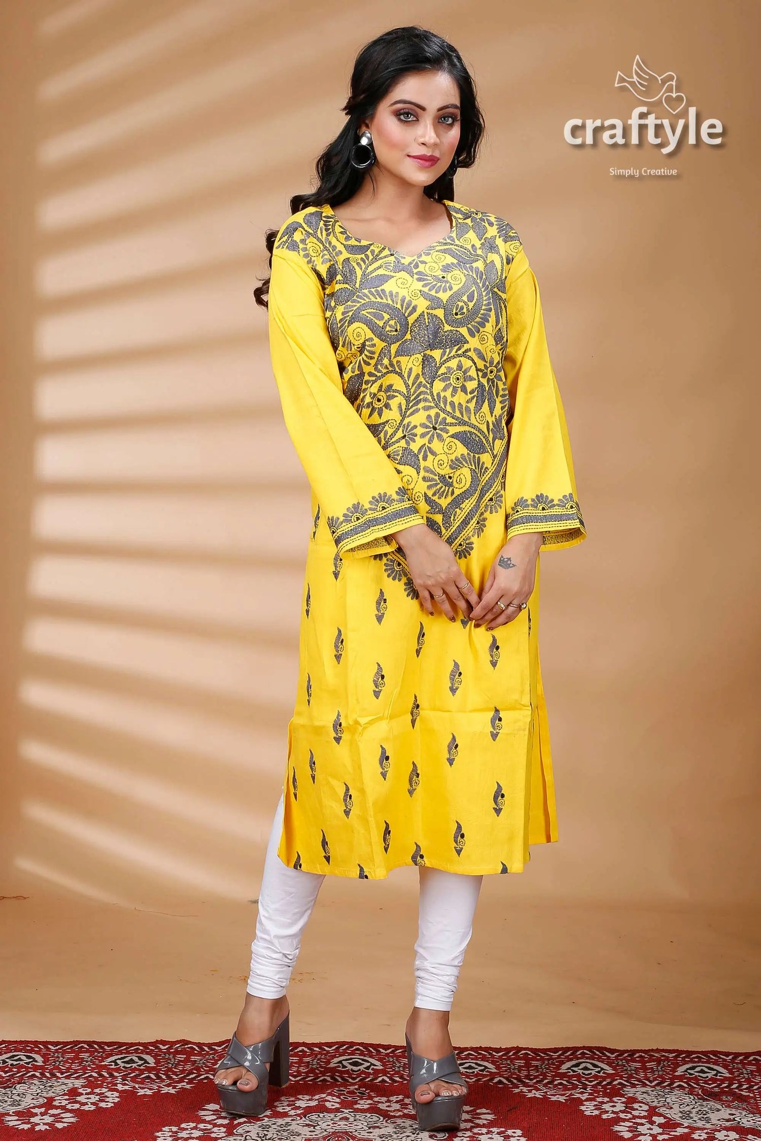 Yellow and slate grey all over work kantha cotton kurti yellow printed tunic 1