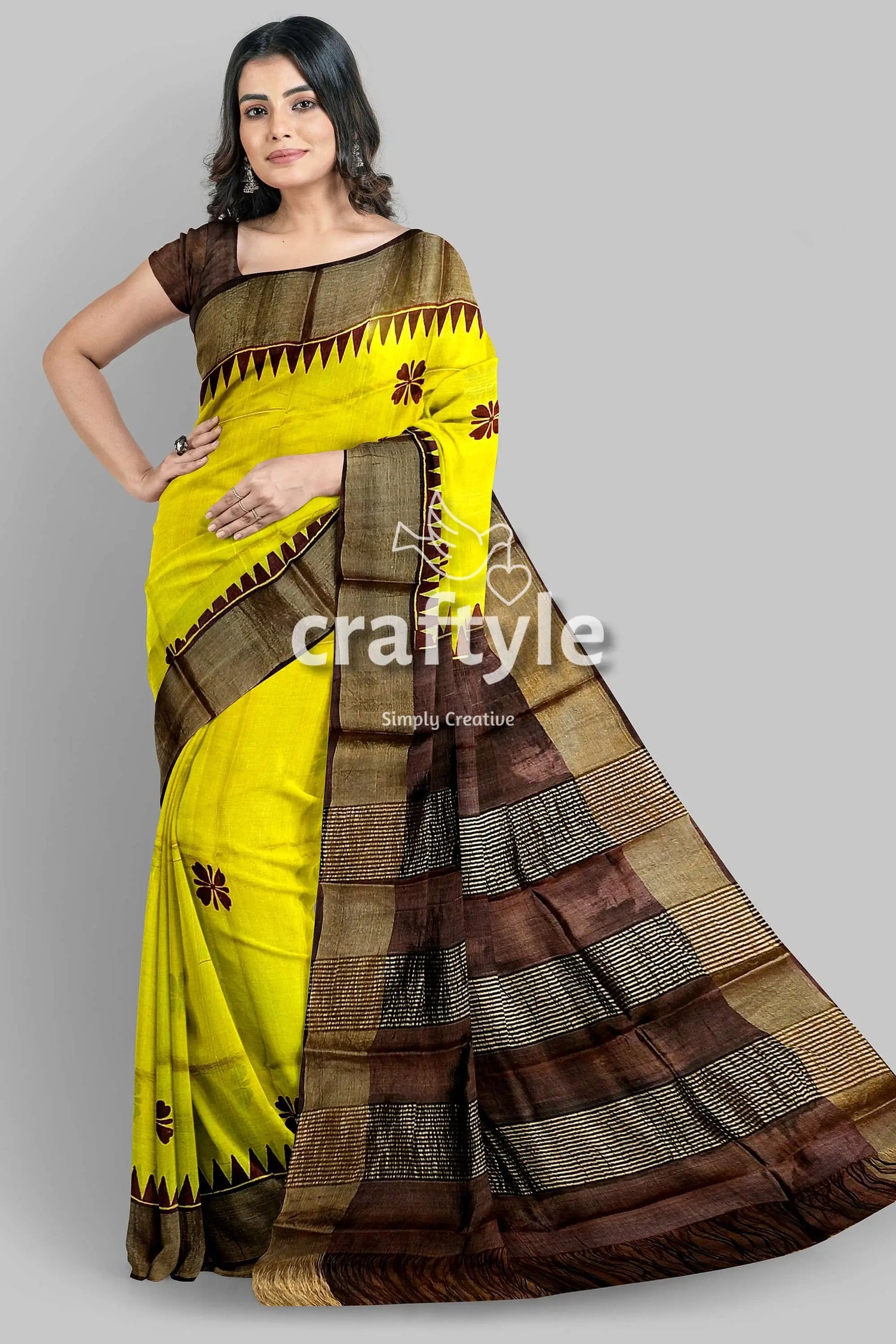 Yellow coffee brown pure tussar saree with hand block print zari border yellow saree brown border floral 1