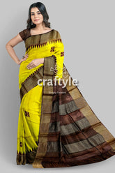 Yellow coffee brown pure tussar saree with hand block print zari border yellow saree brown border floral 1