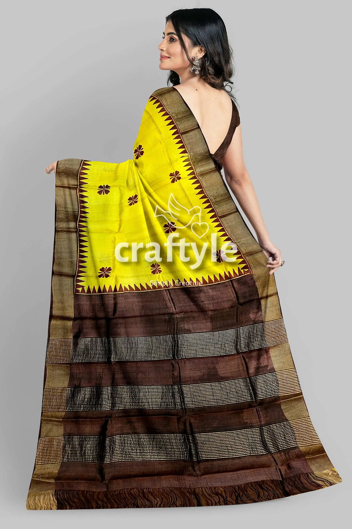 Yellow coffee brown pure tussar saree with hand block print zari border yellow brown striped saree 5