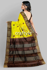 Yellow coffee brown pure tussar saree with hand block print zari border yellow brown striped saree 5