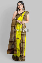 Yellow coffee brown pure tussar saree with hand block print zari border yellow brown saree 3