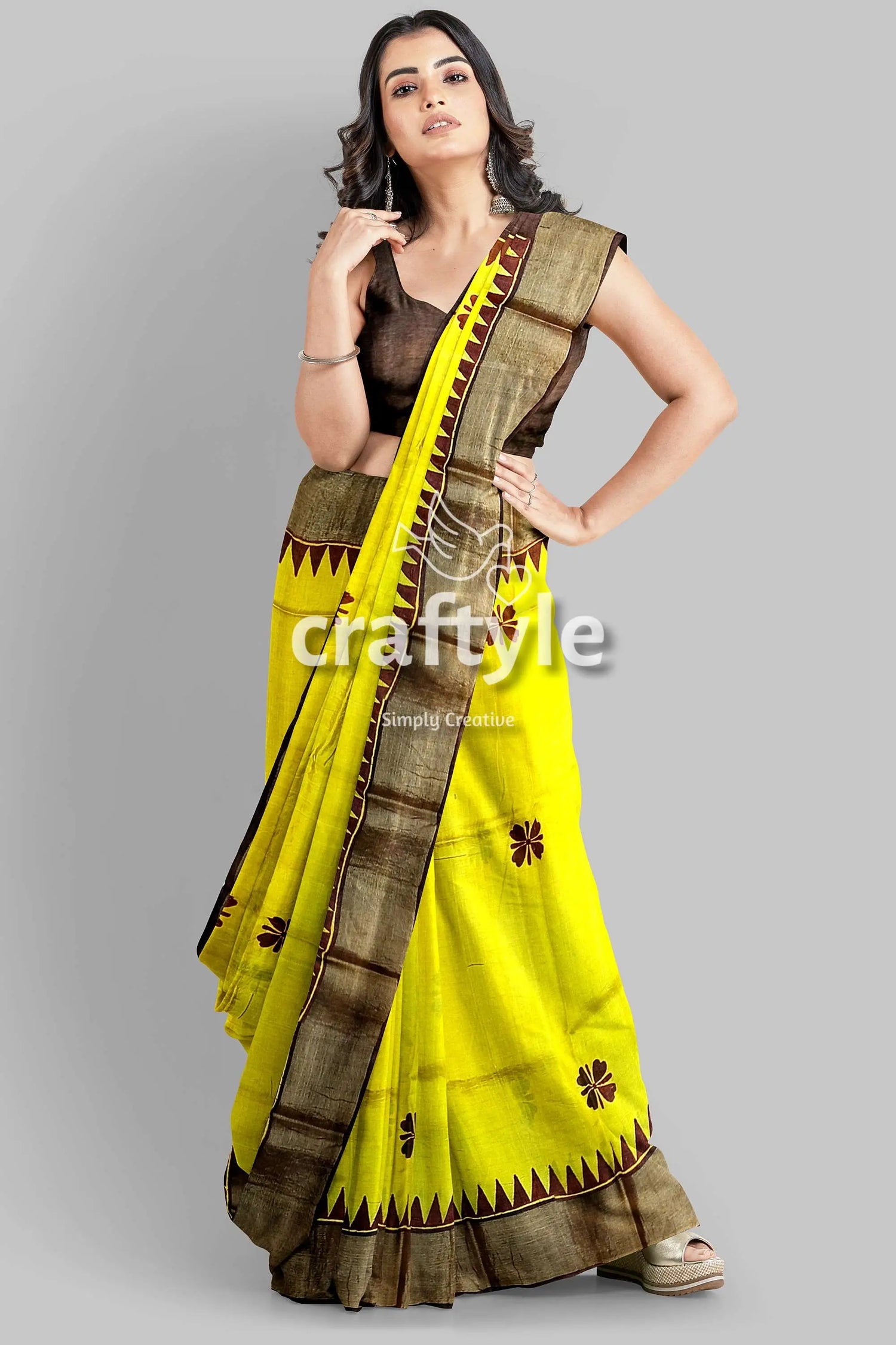 Yellow coffee brown pure tussar saree with hand block print zari border yellow saree brown border 4