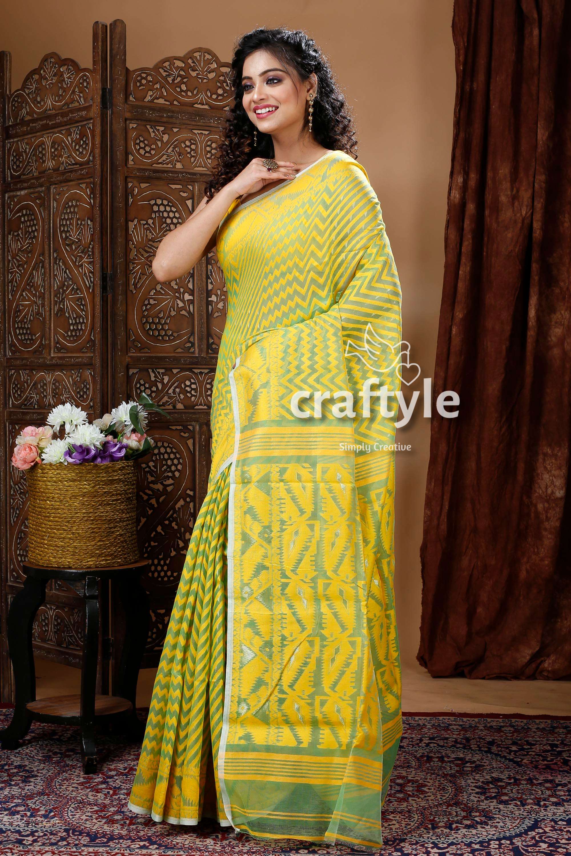 Yellow & Fern Green Traditional Dhakai Jamdani Saree - Craftyle