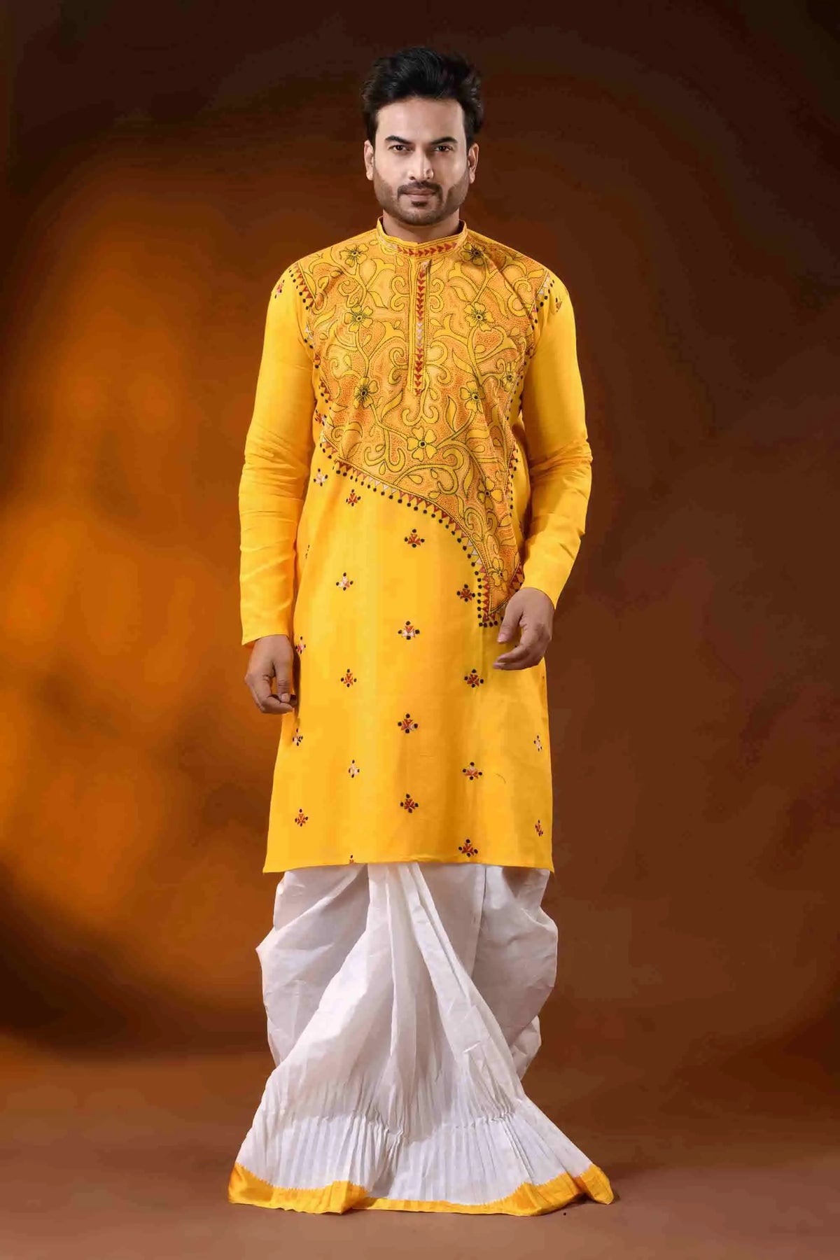 Yellow floral kantha stitch pure cotton punjabi for men - reverse 1