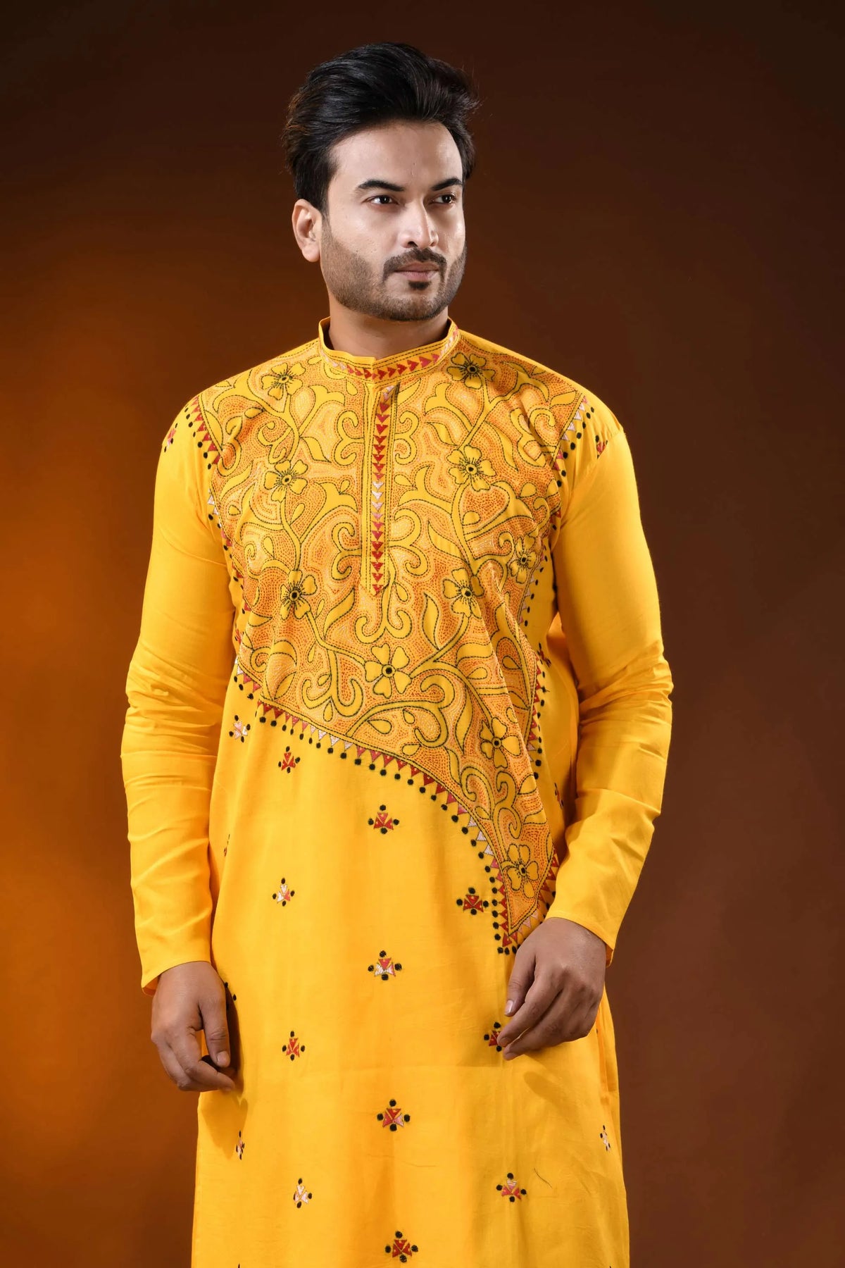 Yellow floral kantha stitch pure cotton punjabi for men - reverse 2