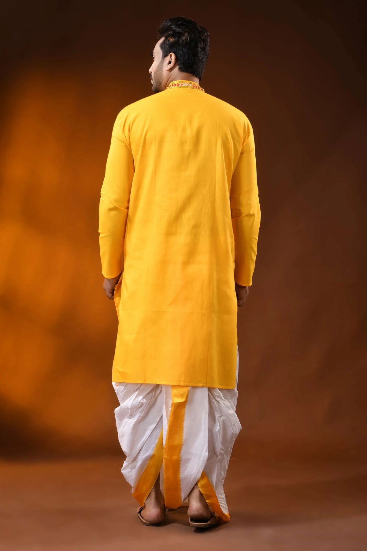 Yellow floral kantha stitch pure cotton punjabi for men - reverse 5