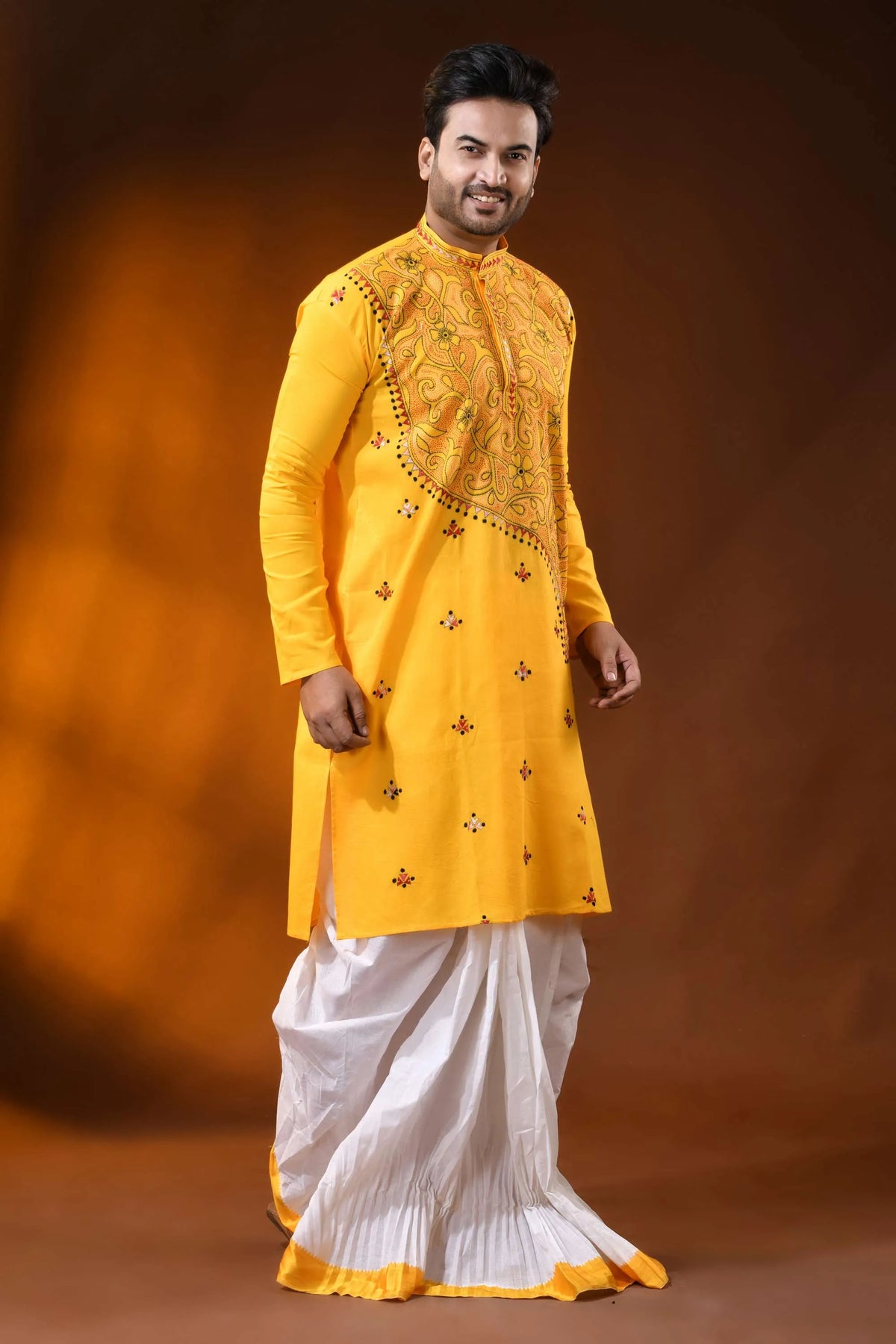 Yellow floral kantha stitch pure cotton punjabi for men - reverse 3