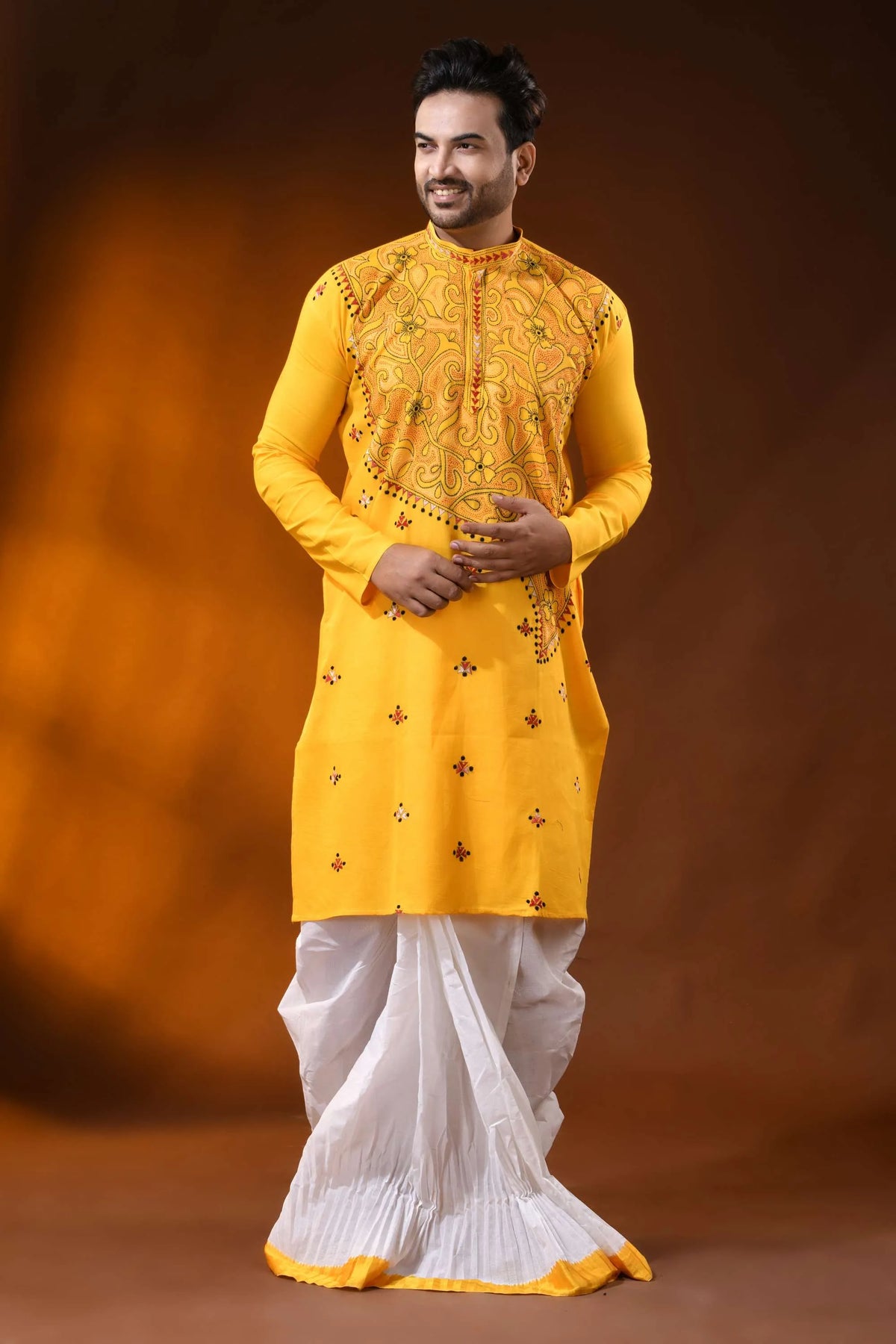 Yellow floral kantha stitch pure cotton punjabi for men - reverse 6