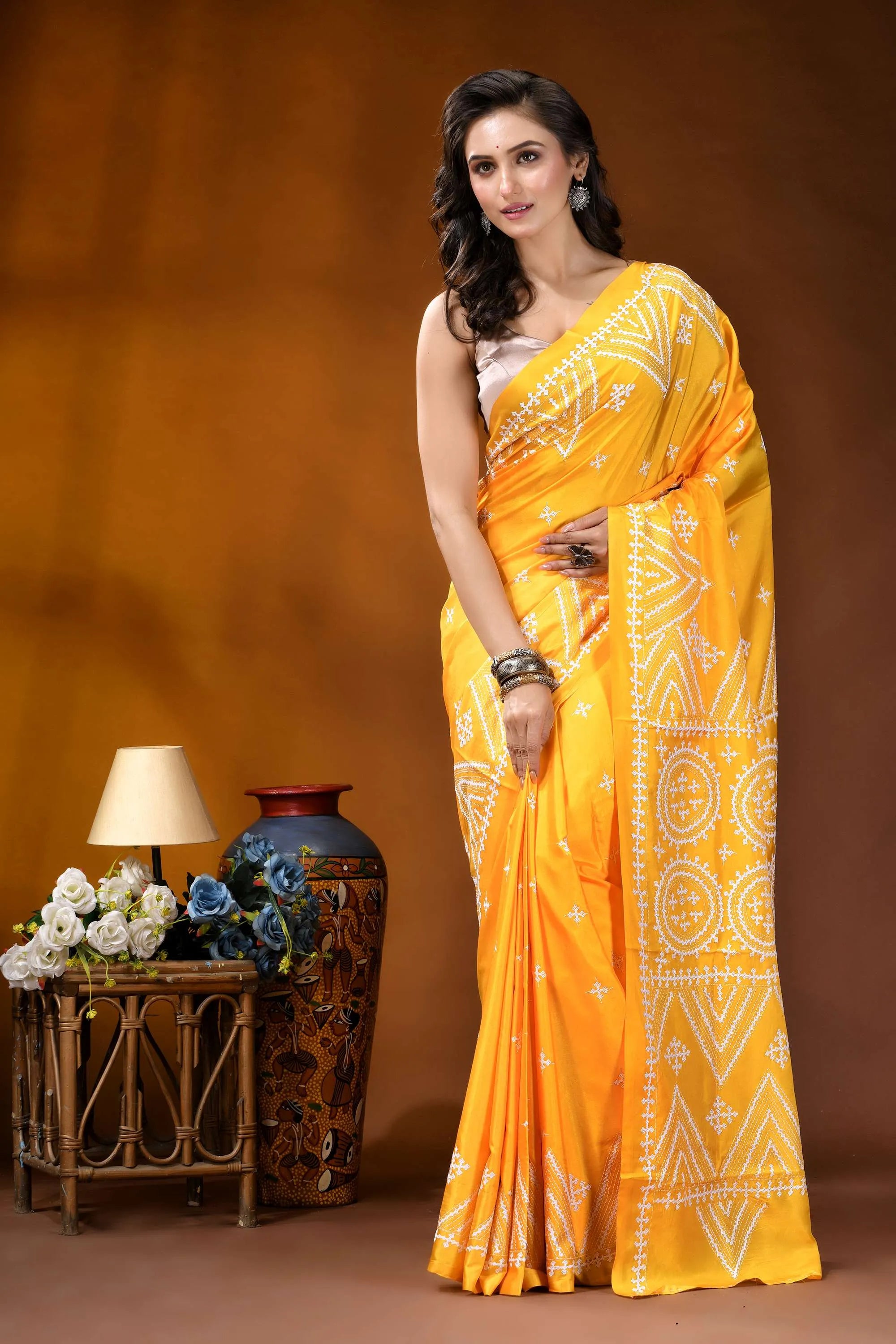 Yellow geometric motif handcrafted silk kutch work saree vibrant yellow saree intricate white 7