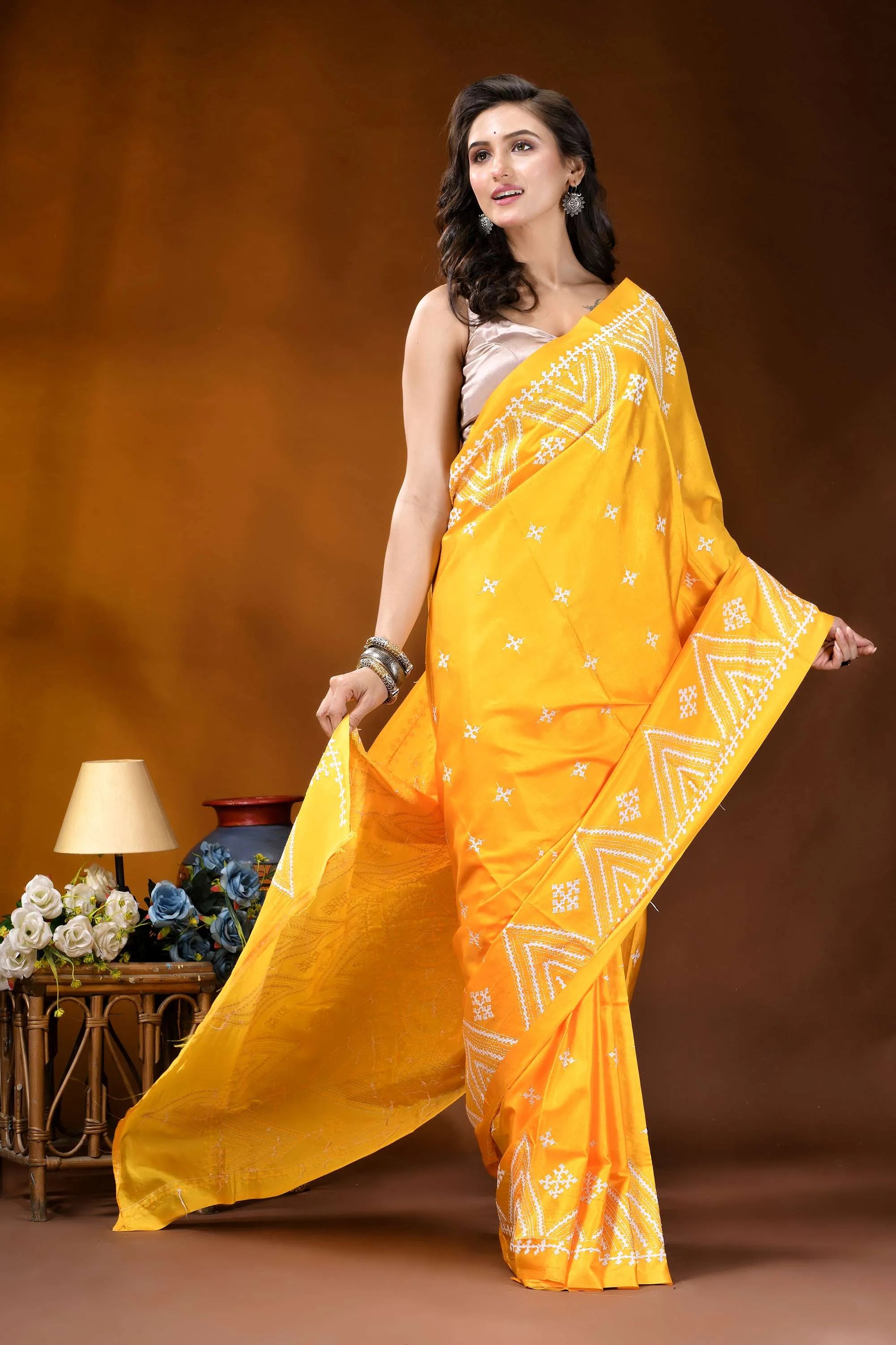 Yellow geometric motif handcrafted silk kutch work saree vibrant yellow saree intricate white 4