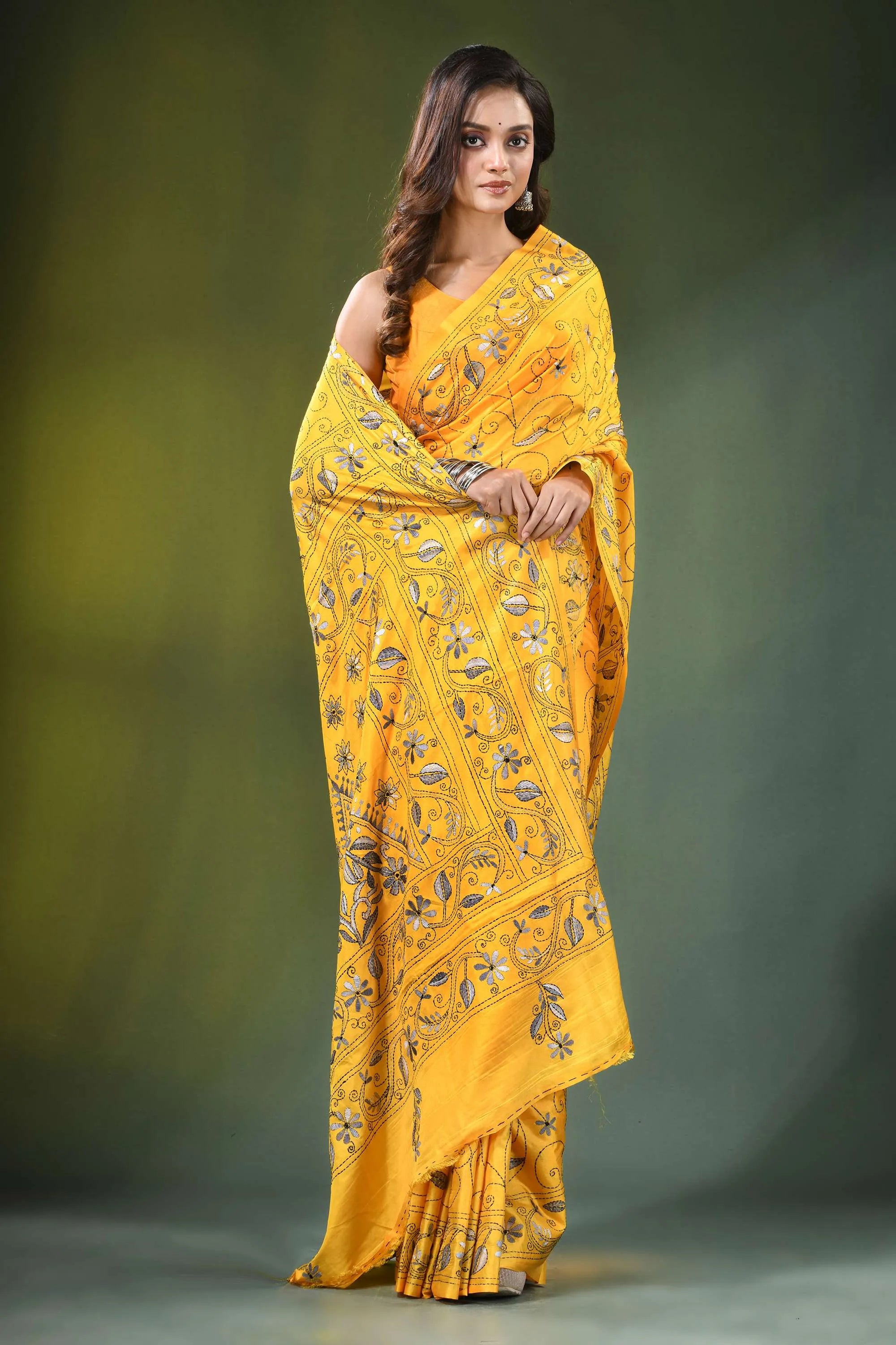 Yellow hand embroidered monochrome floral design kantha silk saree vibrant intricate black 4