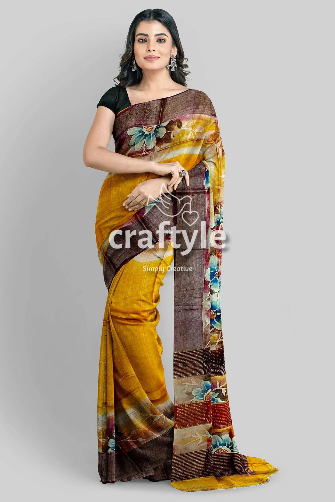Yellow hand painted floral motif tussar saree with zari border - pure silk woman yellow floral saree 2