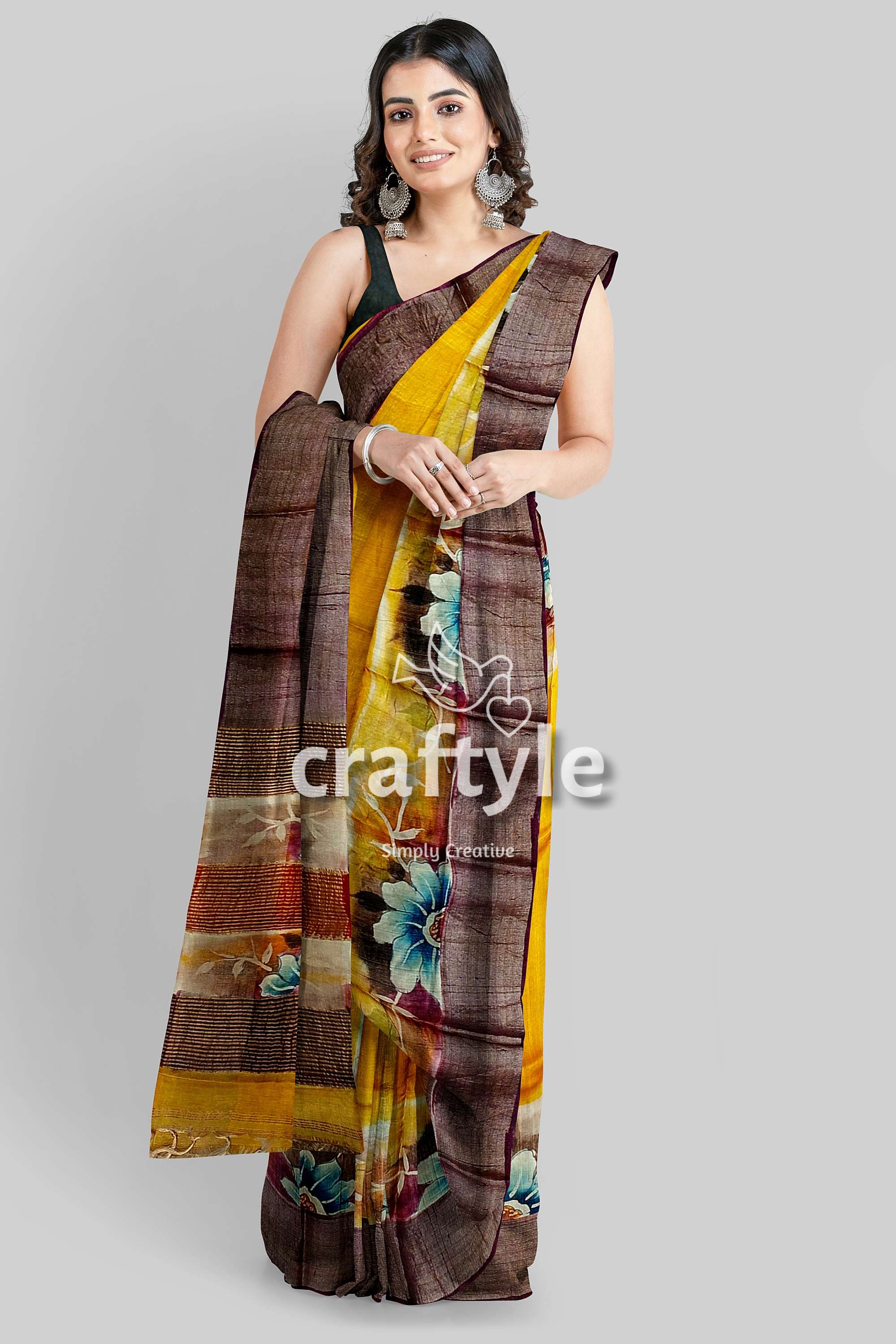 Yellow Hand Painted Floral Motif Tussar Saree with Zari Border - Pure Tussar Silk - Craftyle