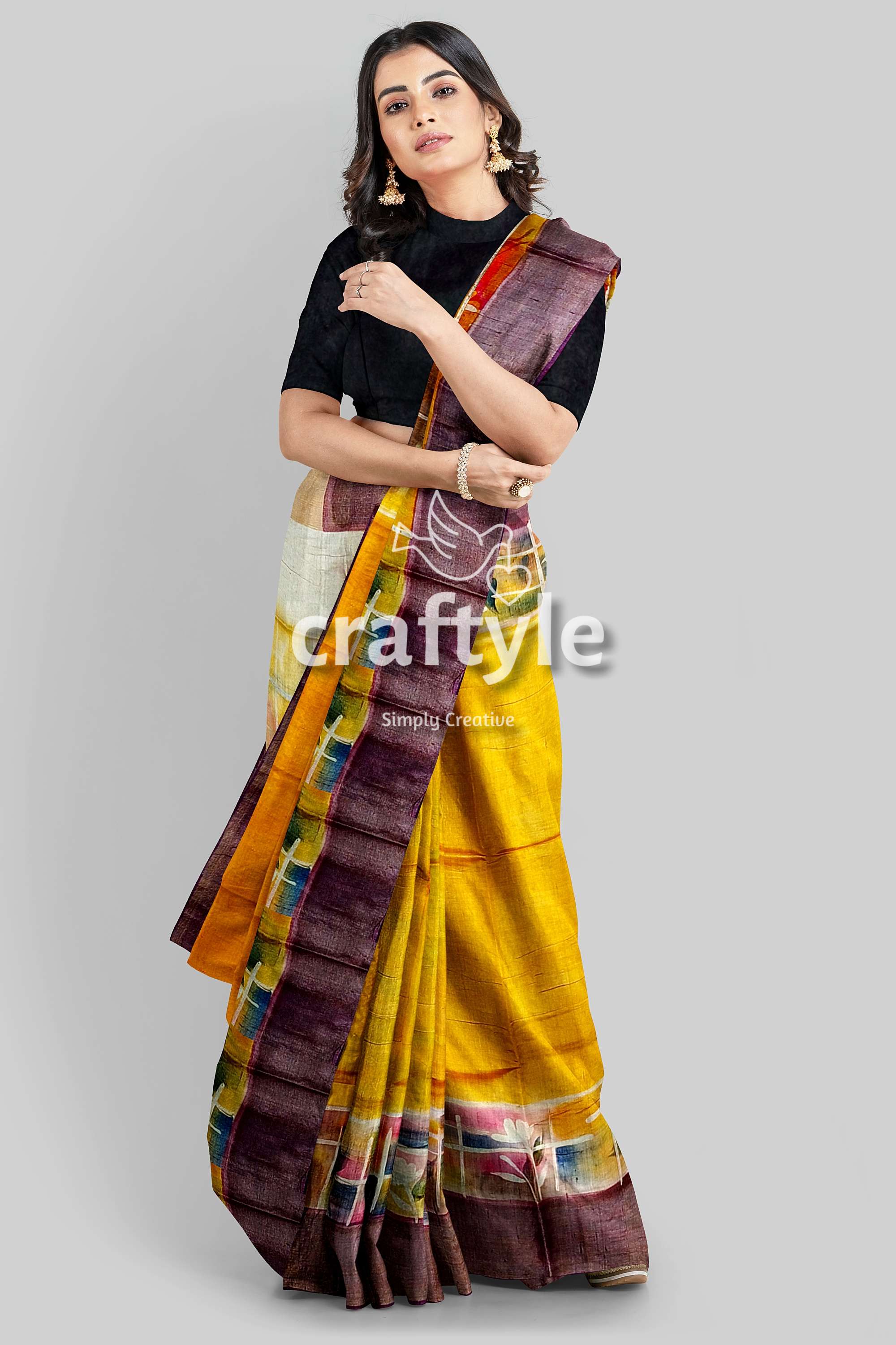 Yellow Hand Painted Floral Motif Tussar Saree with Zari Border - Pure Tussar Silk - Craftyle