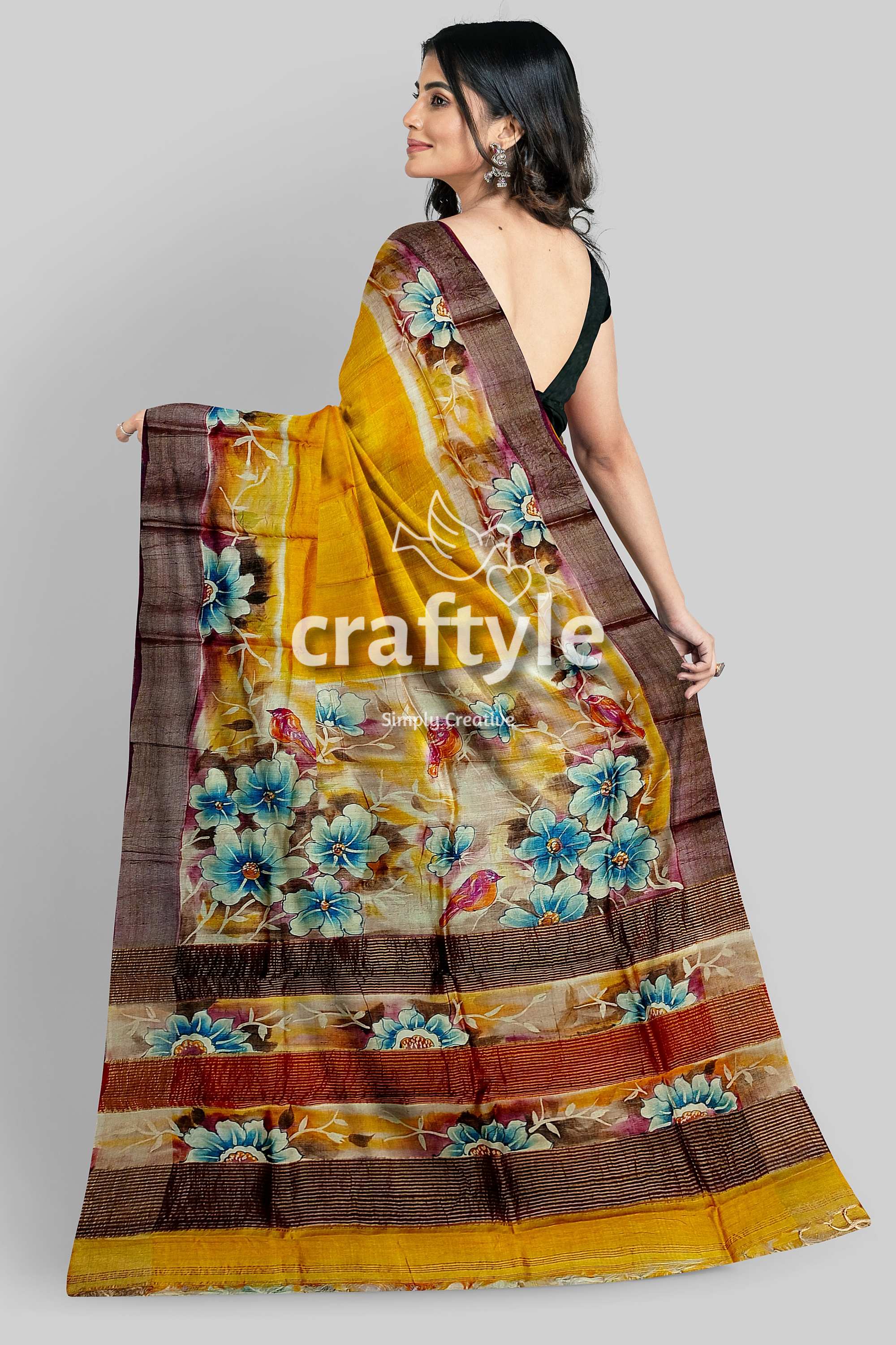 Yellow Hand Painted Floral Motif Tussar Saree with Zari Border - Pure Tussar Silk - Craftyle