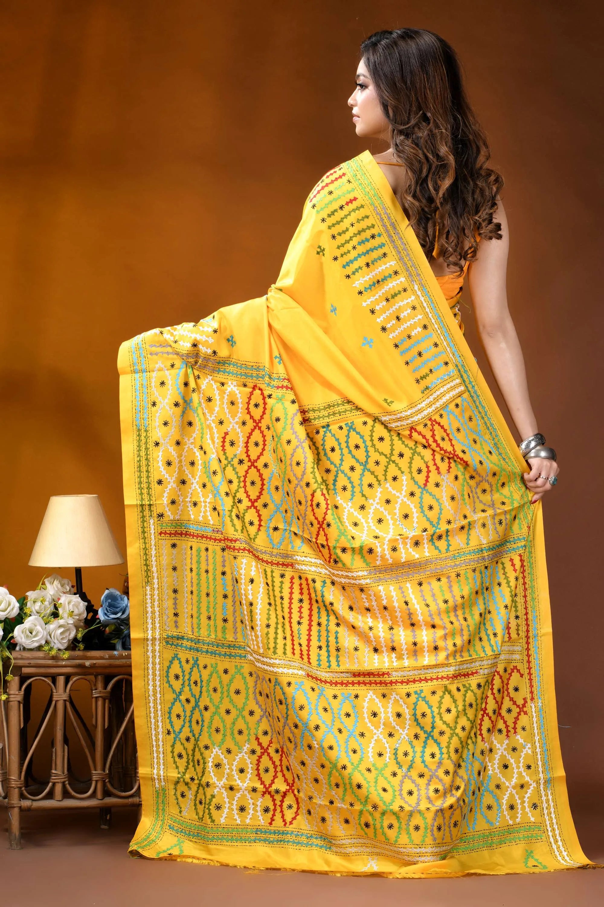 Yellow multi-thread ethnic motif handcrafted gujrati stitch silk saree vibrant yellow saree intricate geometric 5