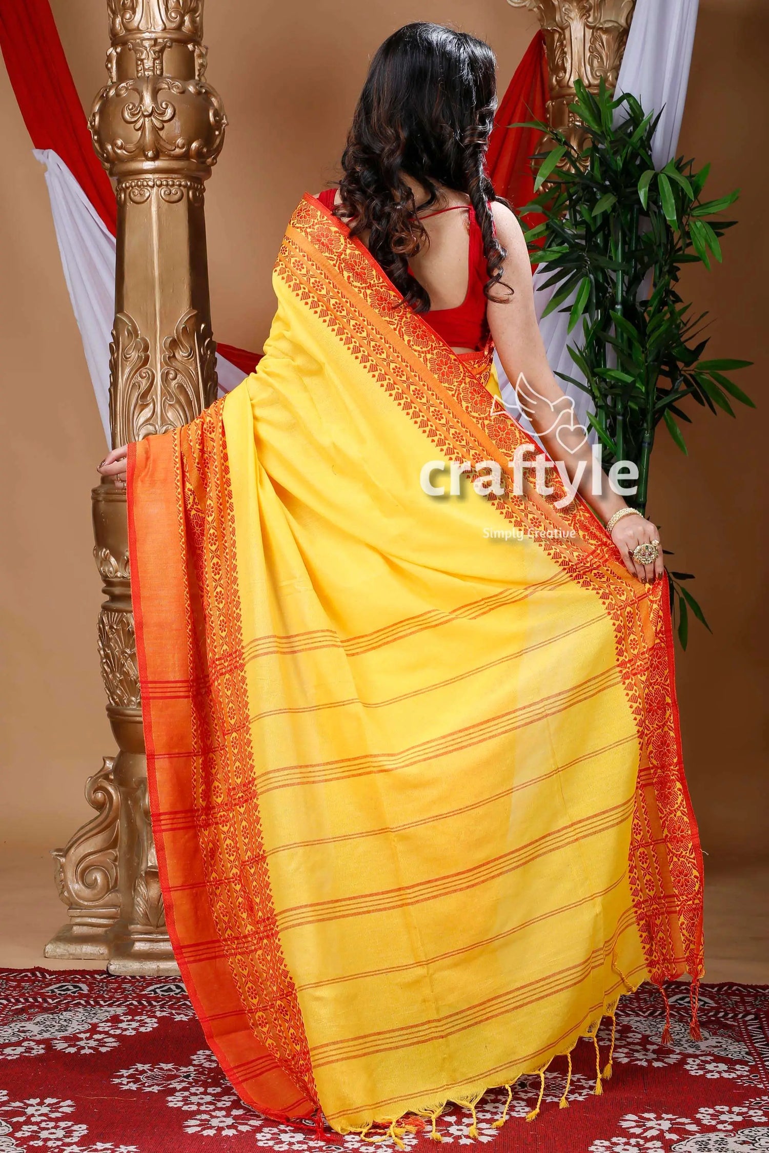 Yellow & red begampuri cotton saree yellow orange saree 4