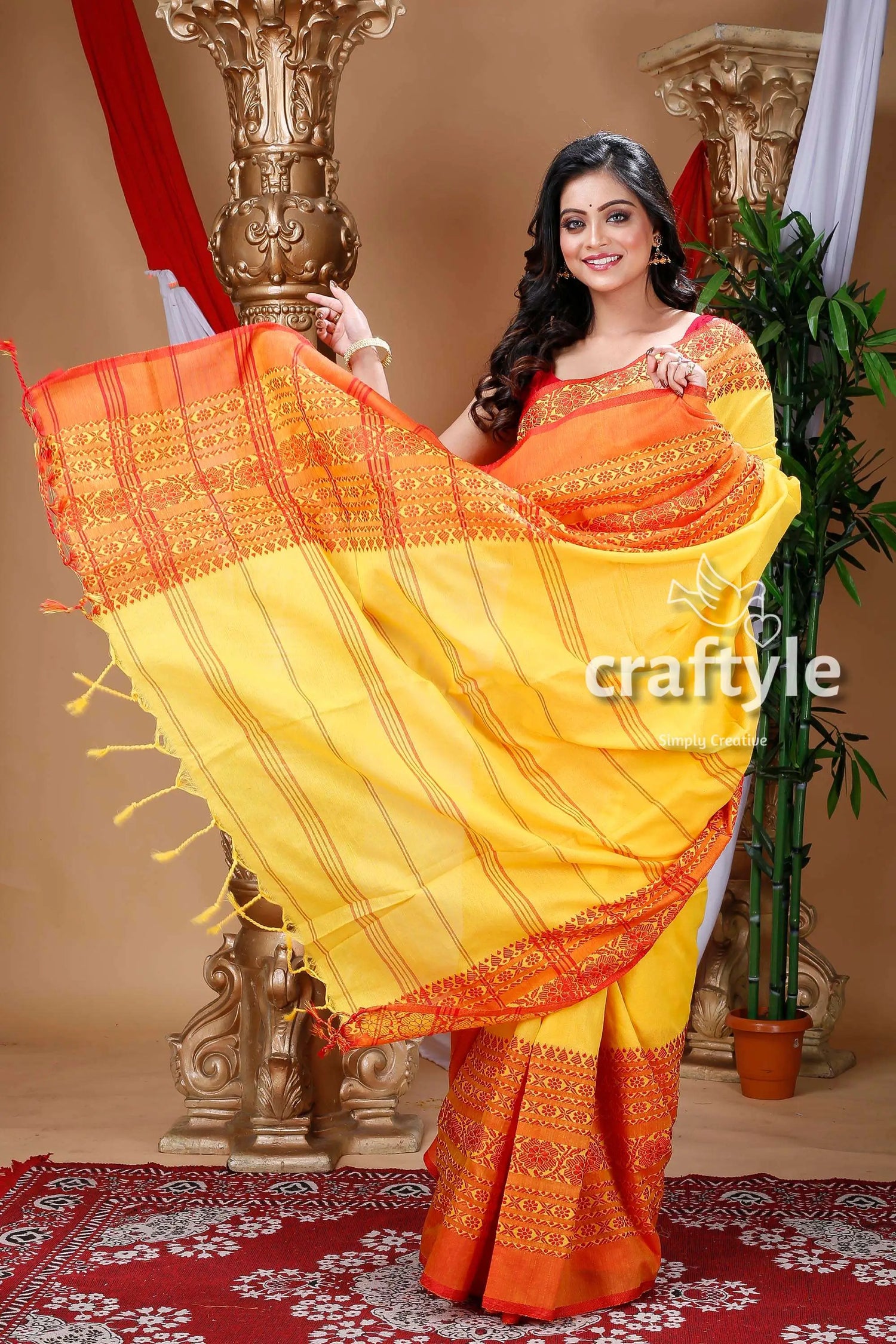 Yellow & red begampuri cotton saree yellow orange saree tassels 3