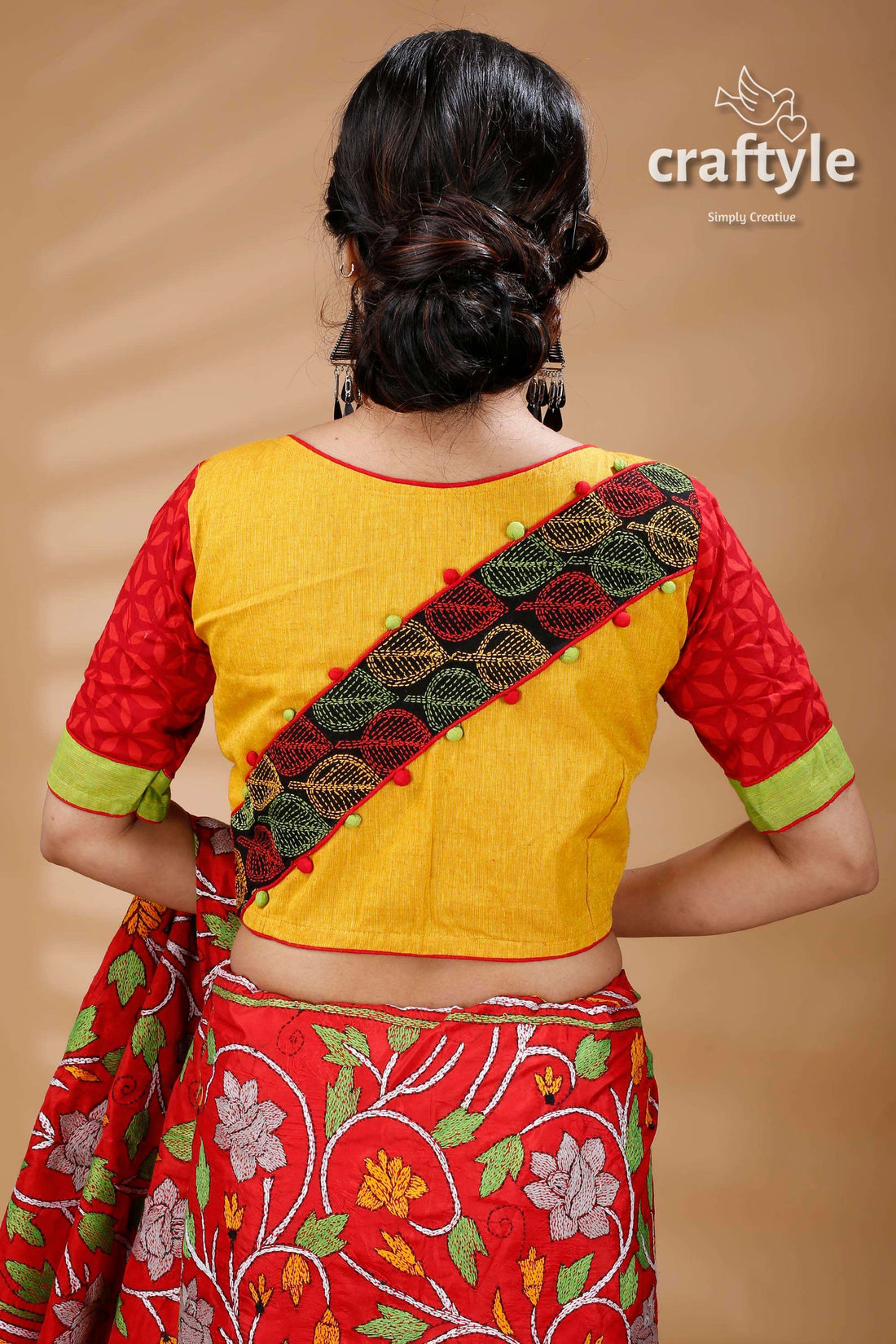 Yellow &amp; Red Kantha Patchwork Designer Cotton Blouse - Craftyle