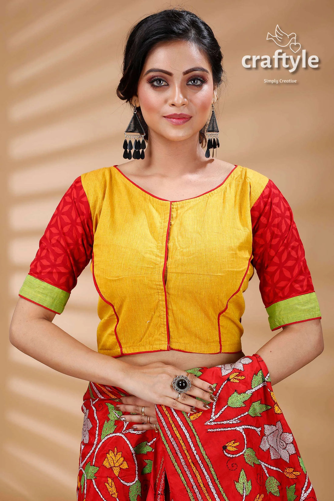 Yellow & red kantha patchwork designer cotton blouse woman’s 1