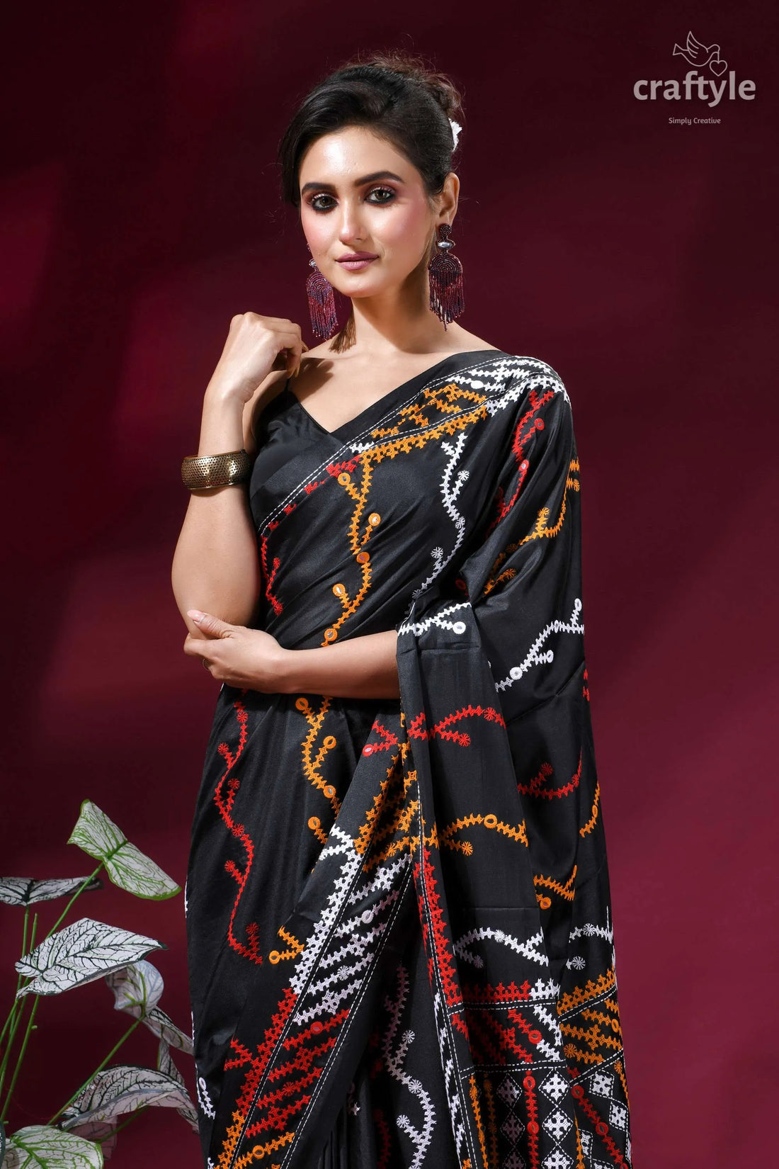 Zade black intricate gujrati stitched silk saree with mirror work black saree intricate orange white 2
