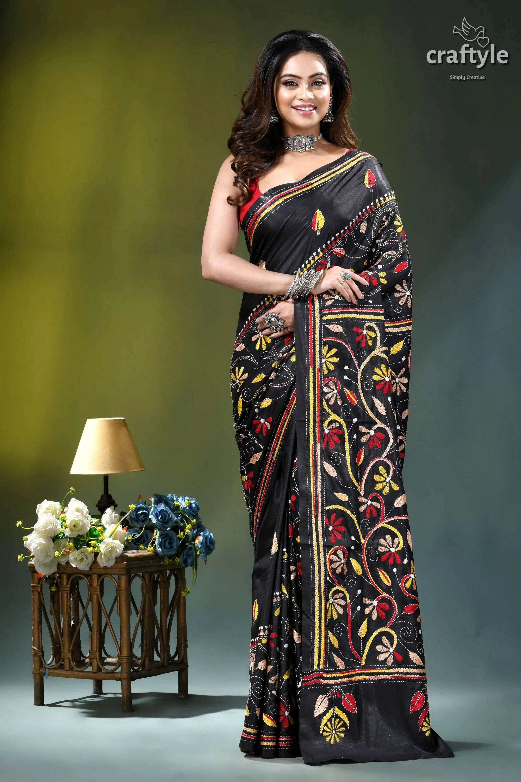 Zade black multi-thread floral design silk kantha stitch saree black silk saree intricate floral 1