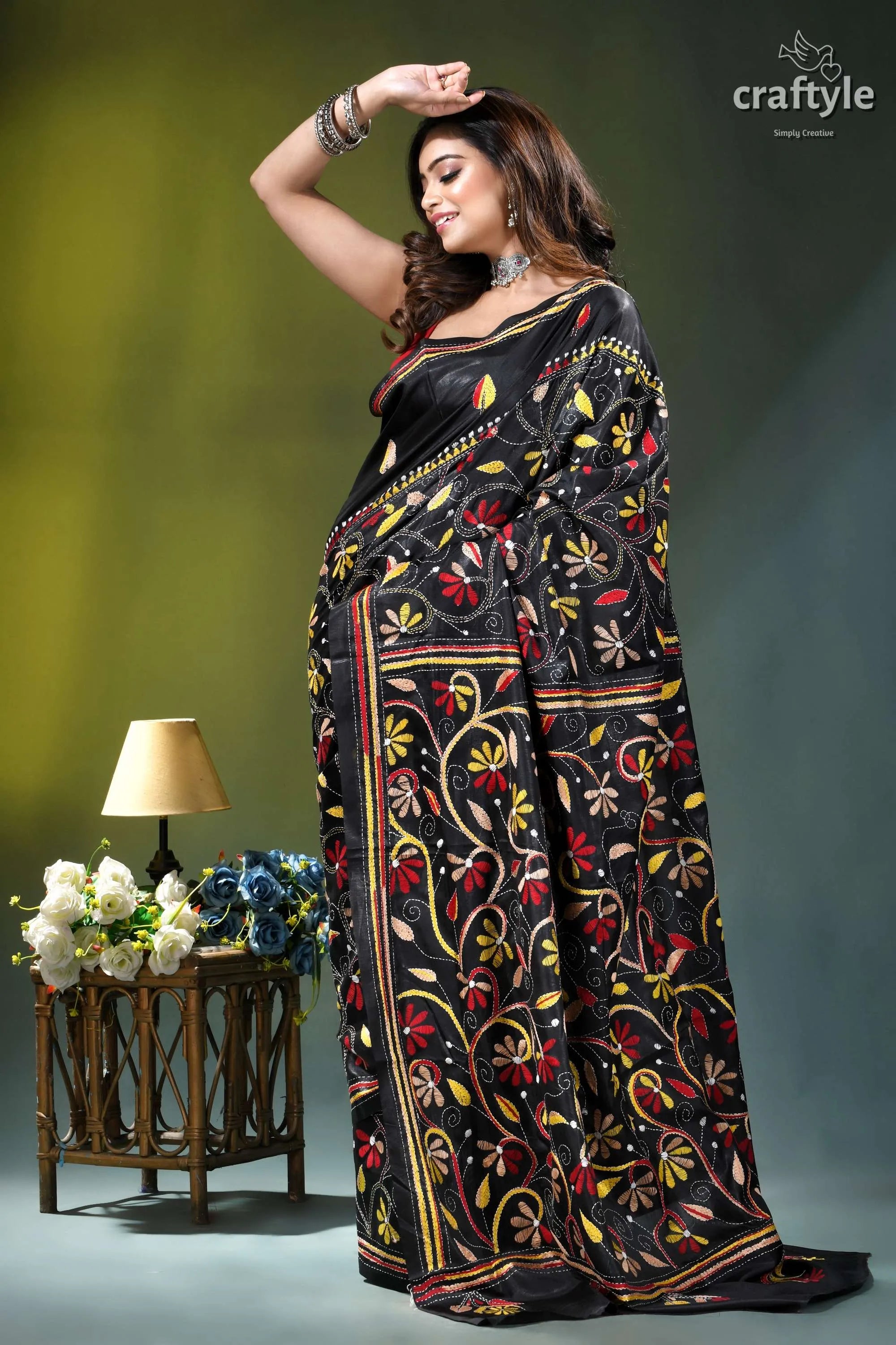 Zade black multi-thread floral design silk kantha stitch saree black silk saree intricate floral 7