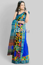 Zari border hand-painted pure tussar kalamkari silk sari with peacock design blue floral saree 3