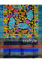Zari border hand-painted pure tussar kalamkari silk sari with peacock design colorful peacock floral patterned fabric 6