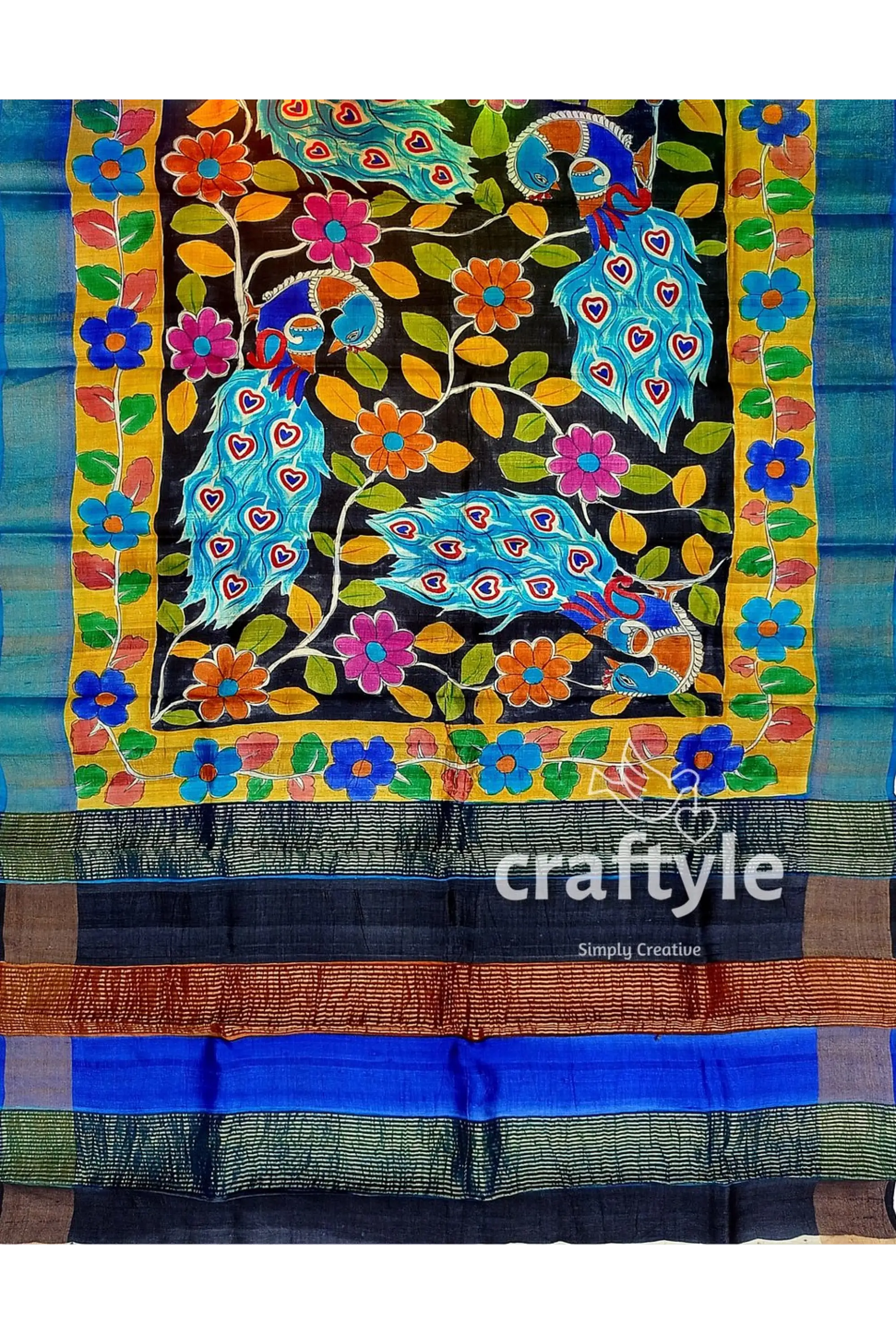 Zari border hand-painted pure tussar kalamkari silk sari with peacock design colorful peacock floral patterned fabric 6