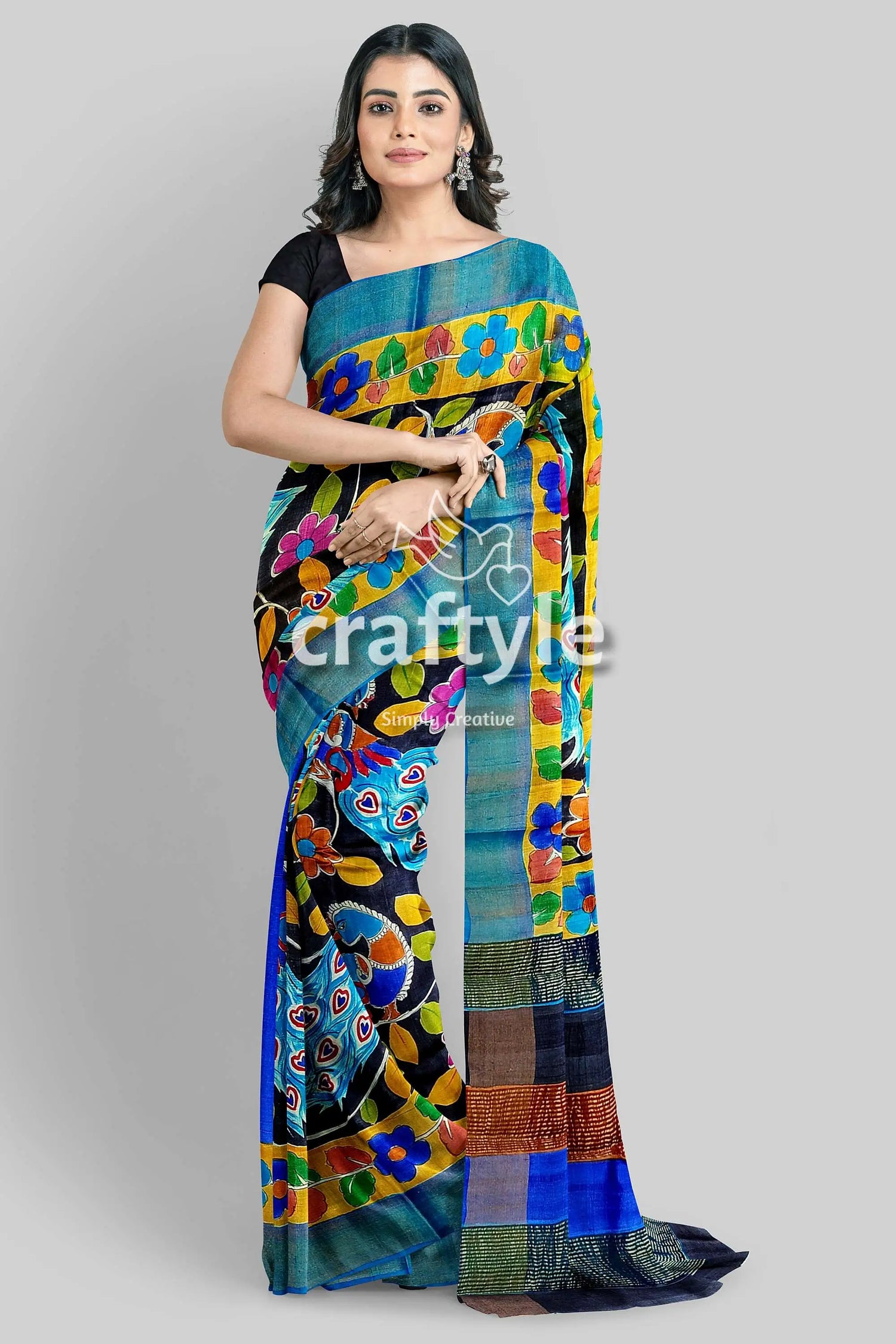 Zari border hand-painted pure tussar kalamkari silk sari with peacock design colorful floral-patterned saree 2