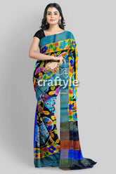 Zari border hand-painted pure tussar kalamkari silk sari with peacock design colorful floral-patterned saree 2