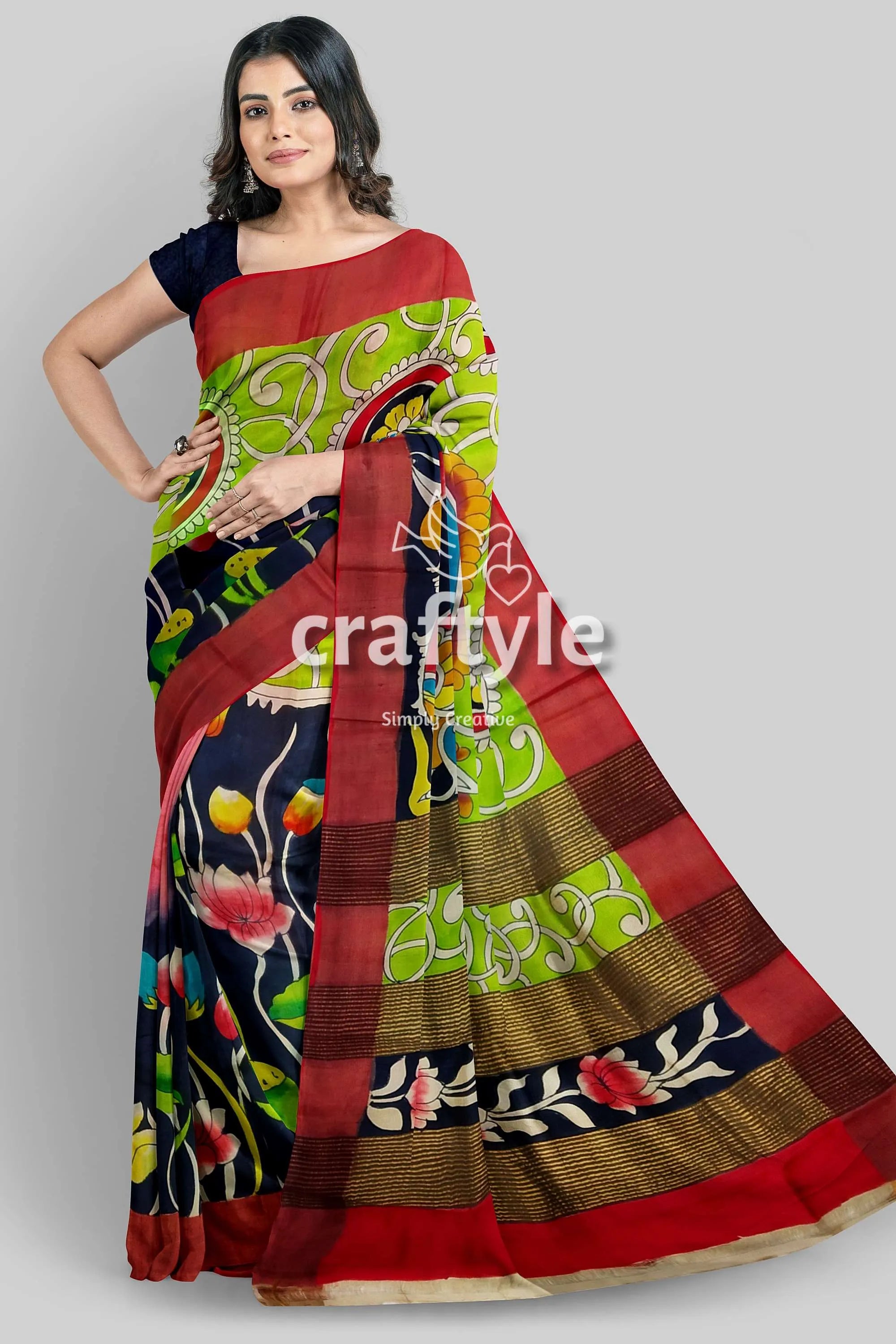 Zari border pure tussar kalamkari saree - hand painted apple green design woman colorful saree 1