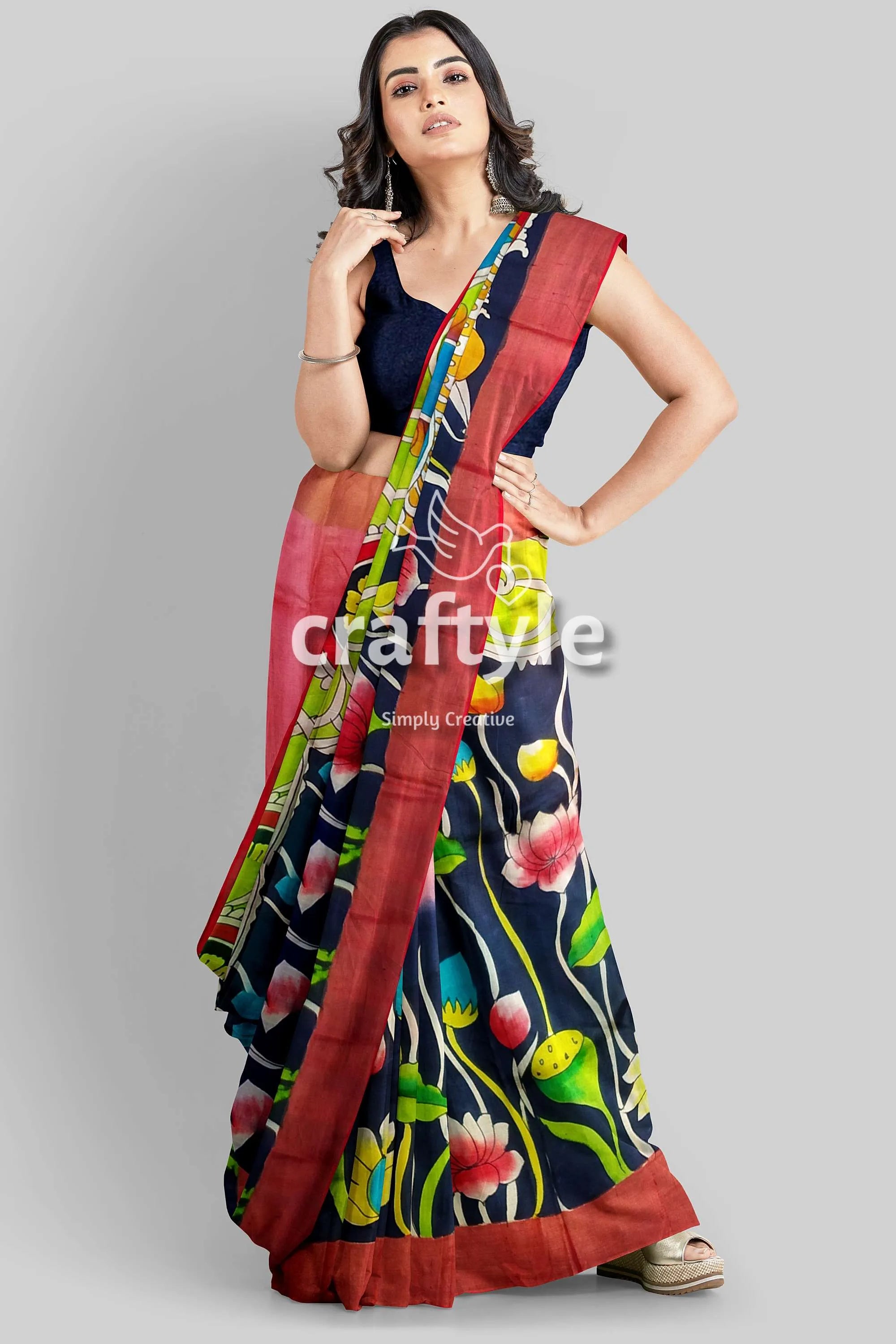 Zari border pure tussar kalamkari saree - hand painted apple green design woman floral-patterned saree 3