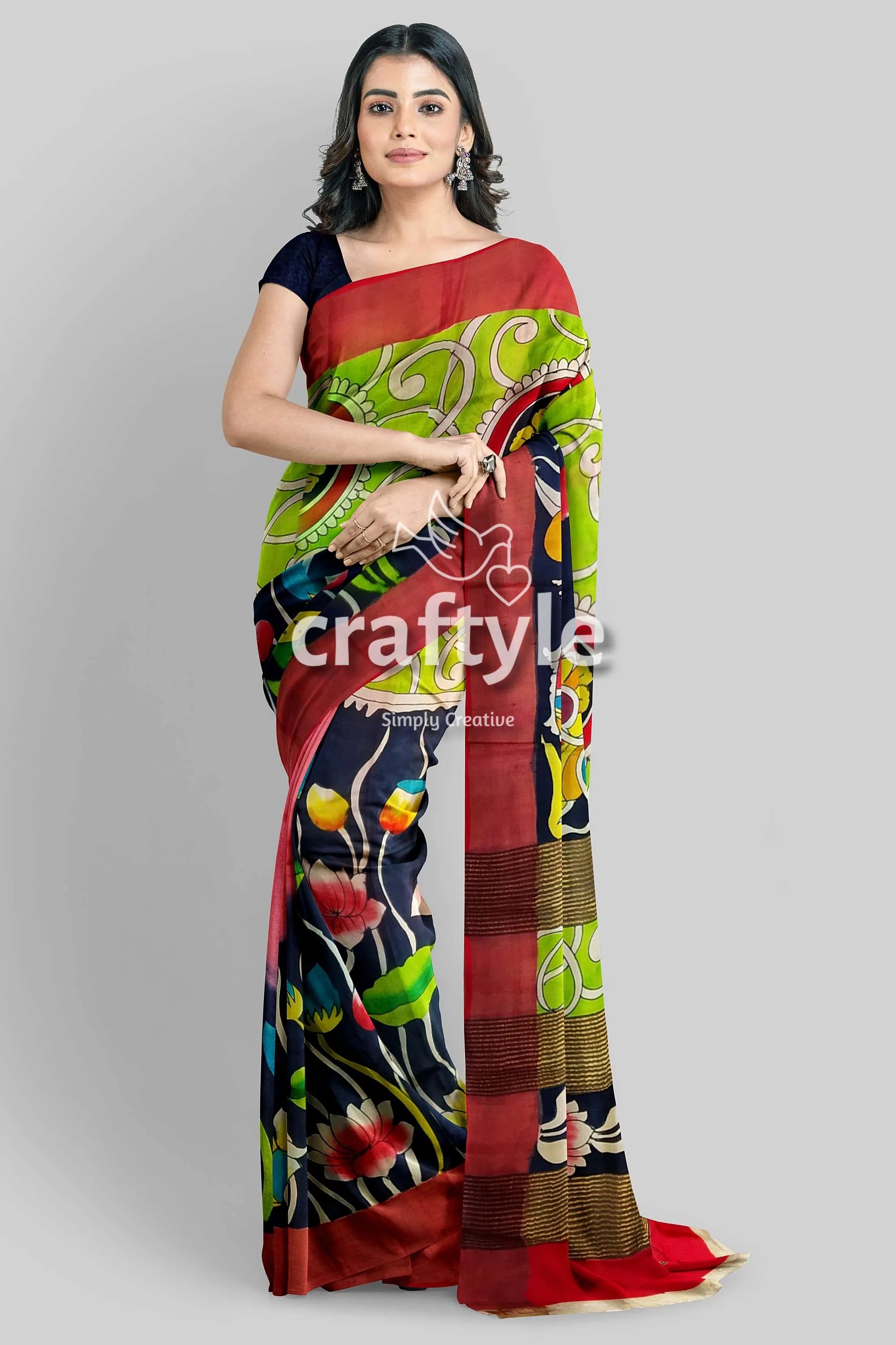 Zari border pure tussar kalamkari saree - hand painted apple green design floral-patterned saree 2