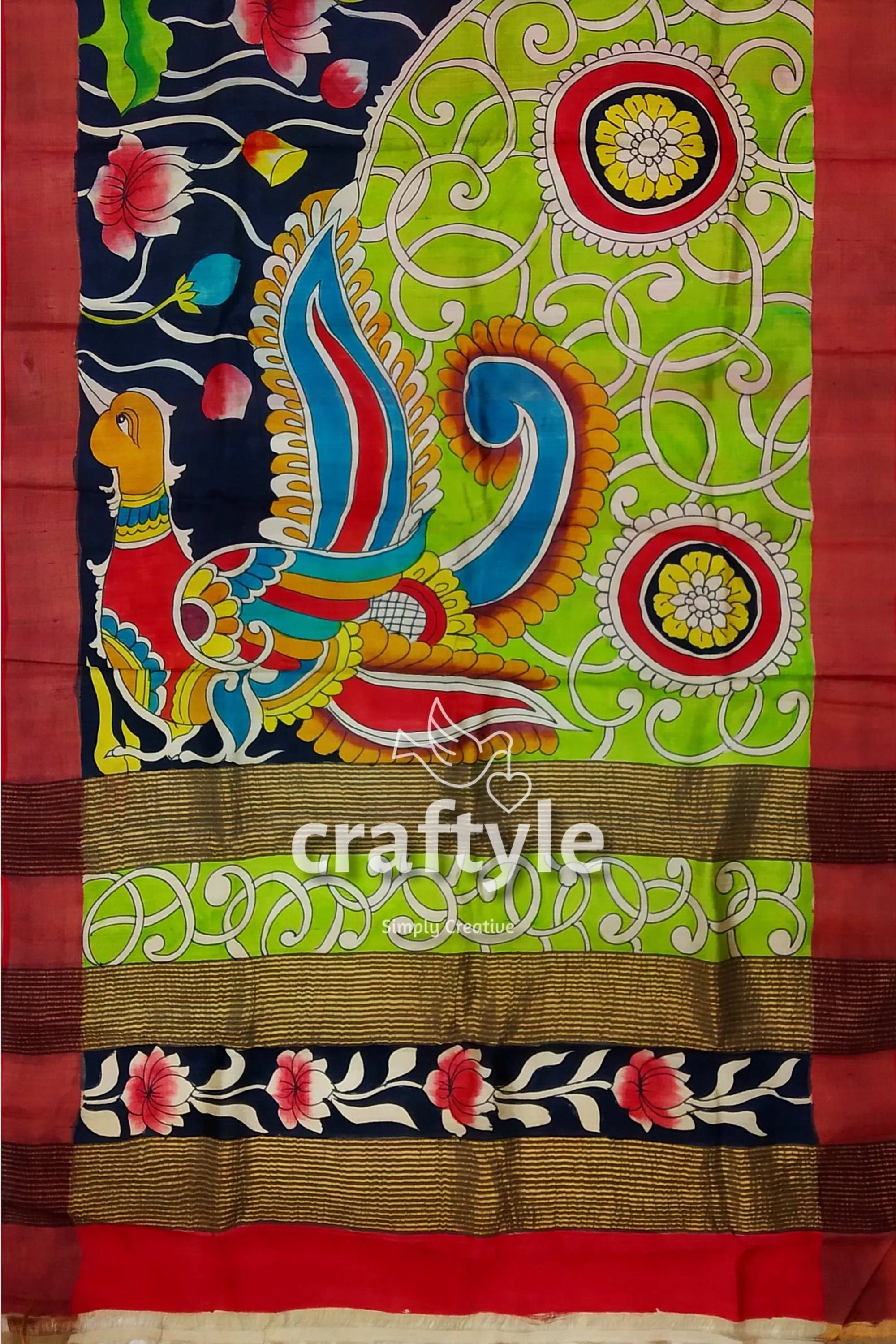 Zari border pure tussar kalamkari saree - hand painted apple green design colorful patterned saree 5