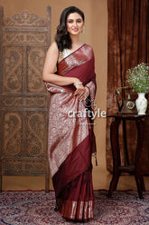 Zari work soft silk manipuri saree in wine berry brown maroon silk saree 3