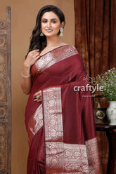 Zari work soft silk manipuri saree in wine berry brown maroon saree silver border 2