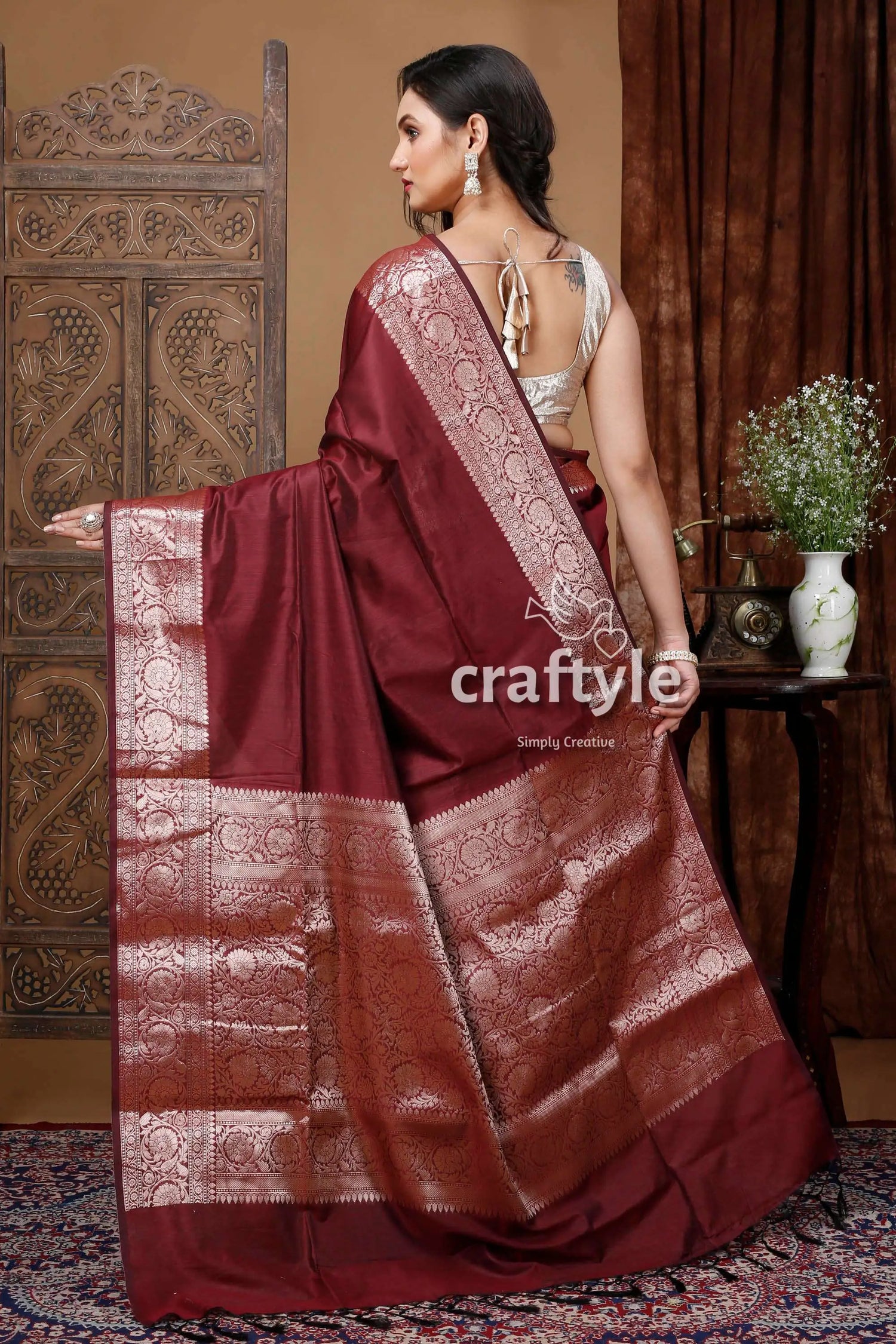 Zari work soft silk manipuri saree in wine berry brown maroon silk saree silver border 5