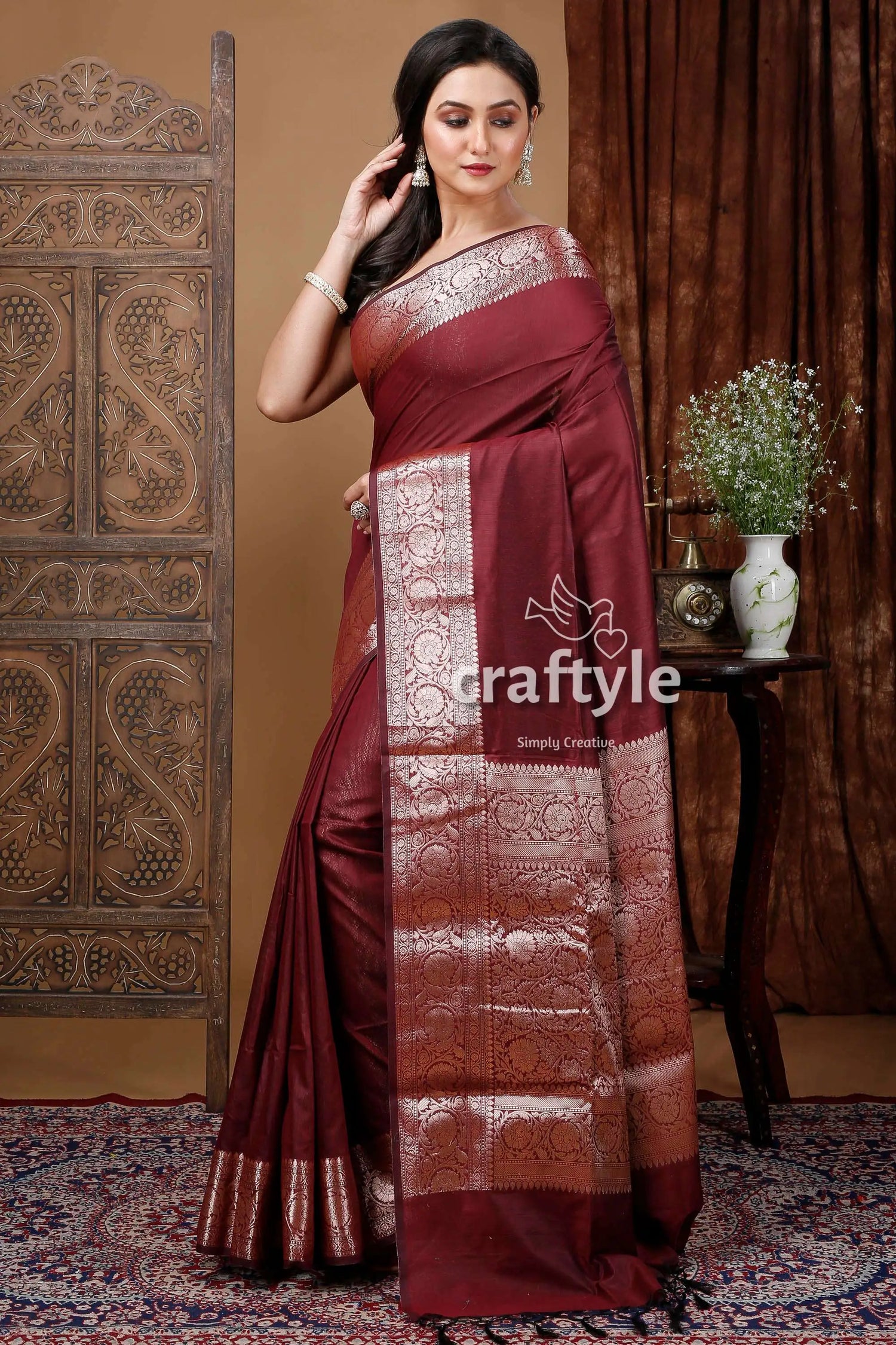Zari work soft silk manipuri saree in wine berry brown maroon saree silver border 4