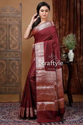 Zari work soft silk manipuri saree in wine berry brown maroon saree silver border 4