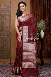 Zari work soft silk manipuri saree in wine berry brown maroon saree silver border 1
